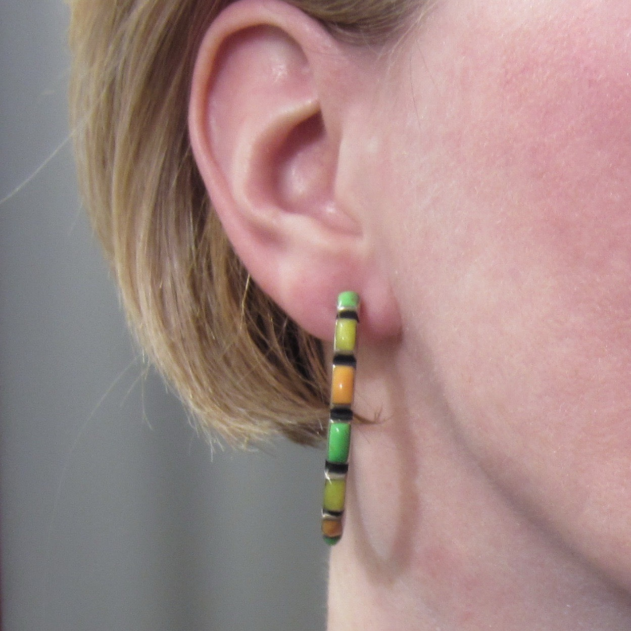 Vintage Native American Multi-Stone Hoop Earrings Sterling
