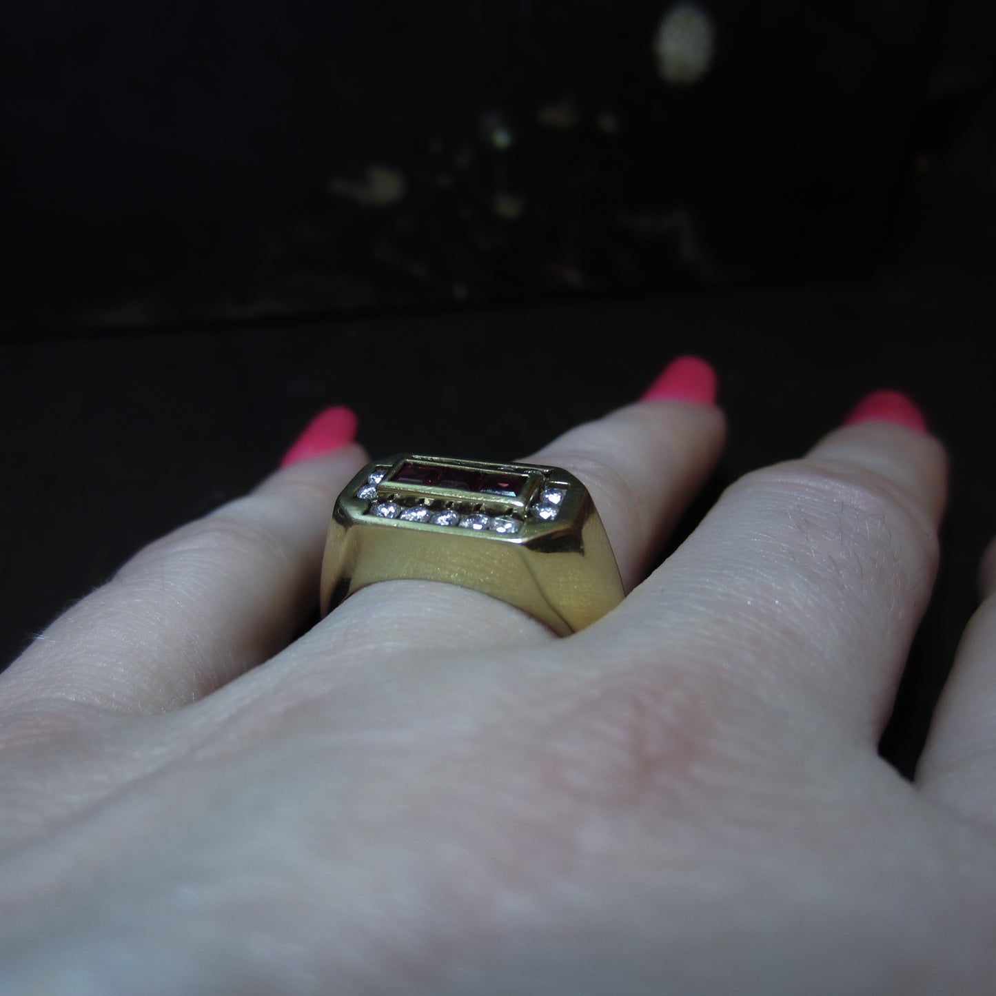 Vintage Ruby and Diamond Signet Ring 14k c. 1970