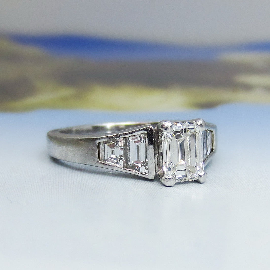 Vintage Emerald Cut .91ct and Trapezoid Diamond Engagement Ring Platinum c. 1990