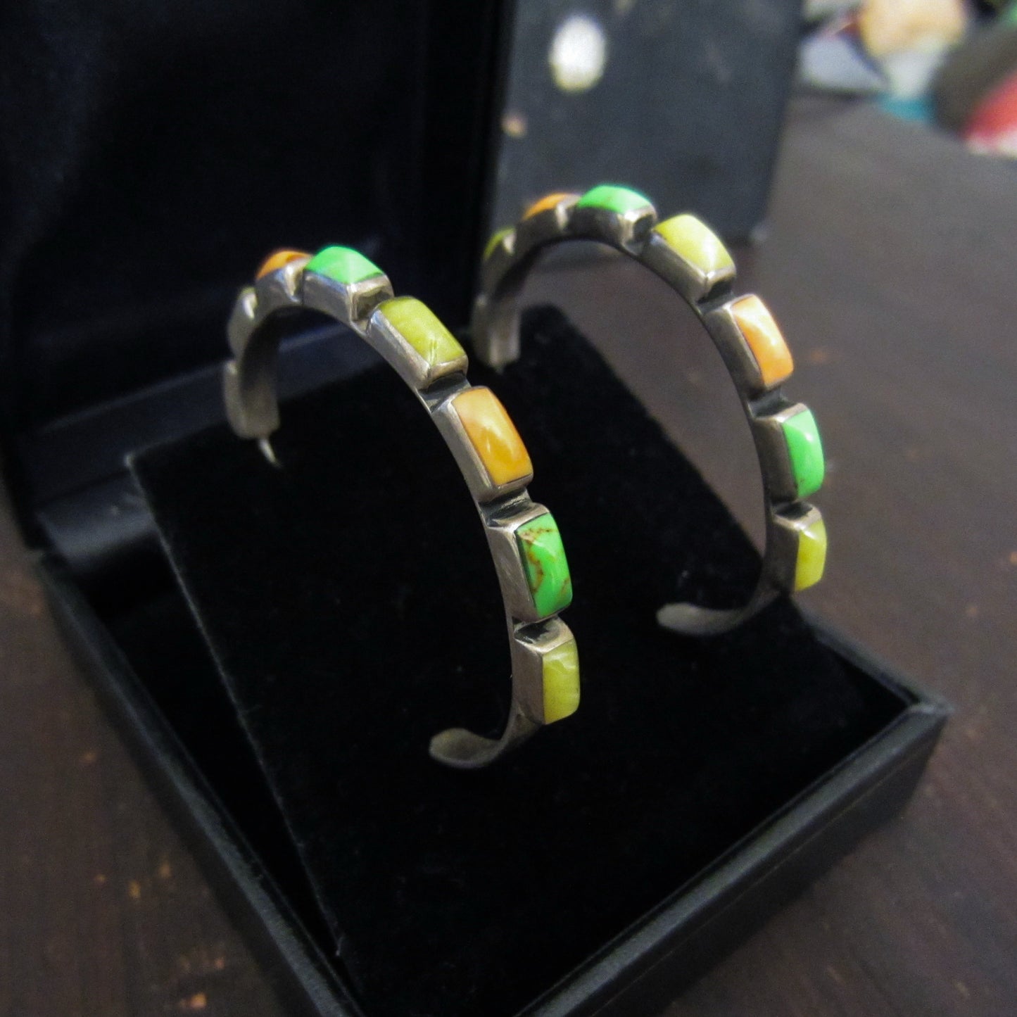 Vintage Native American Multi-Stone Hoop Earrings Sterling