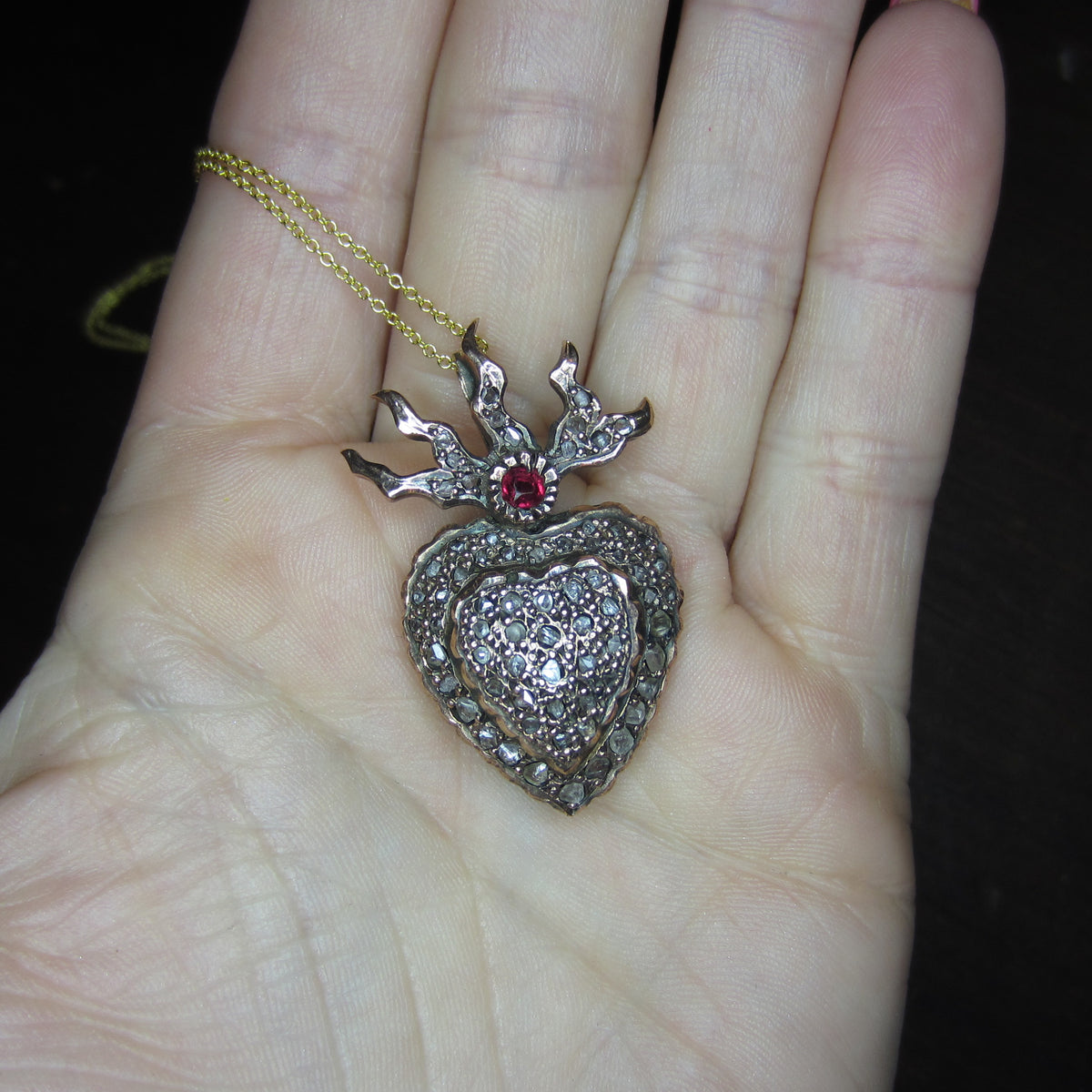 Vintage Ruby and Rose Cut Diamond Flaming Heart Pendant 10k