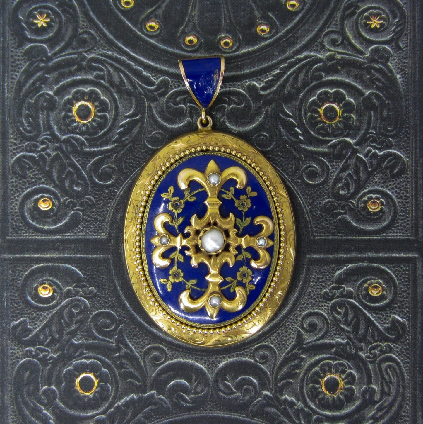 Victorian Enamel and Pearl Locket 14k c. 1890