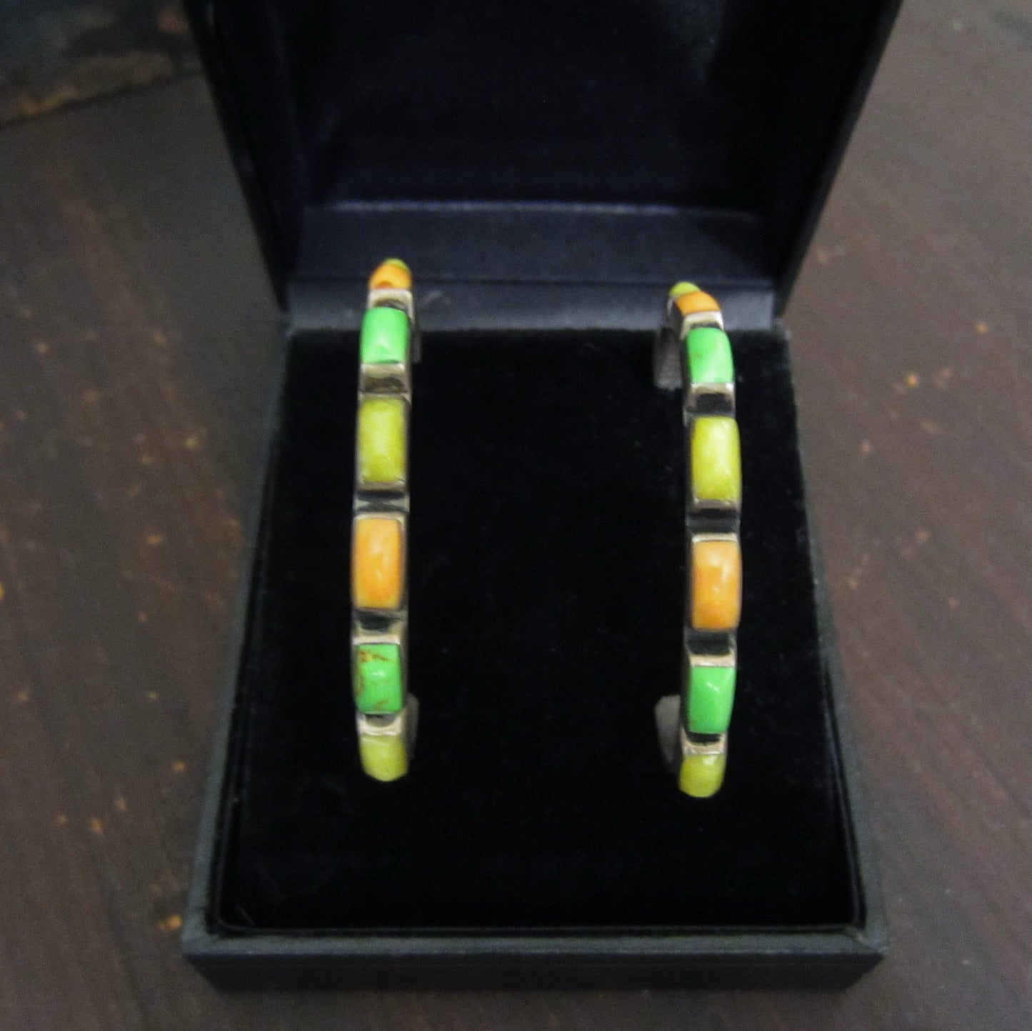 Vintage Native American Multi-Stone Hoop Earrings Sterling