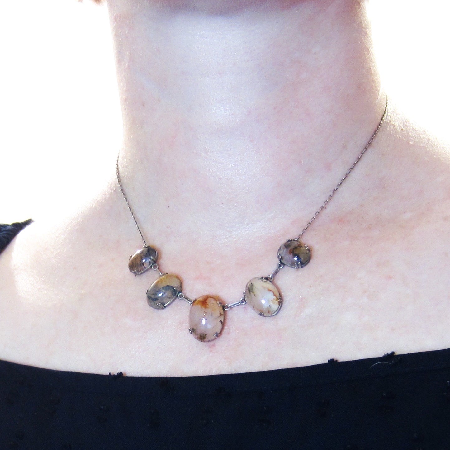Art Deco Moss Agate Necklace Sterling Silver c. 1920