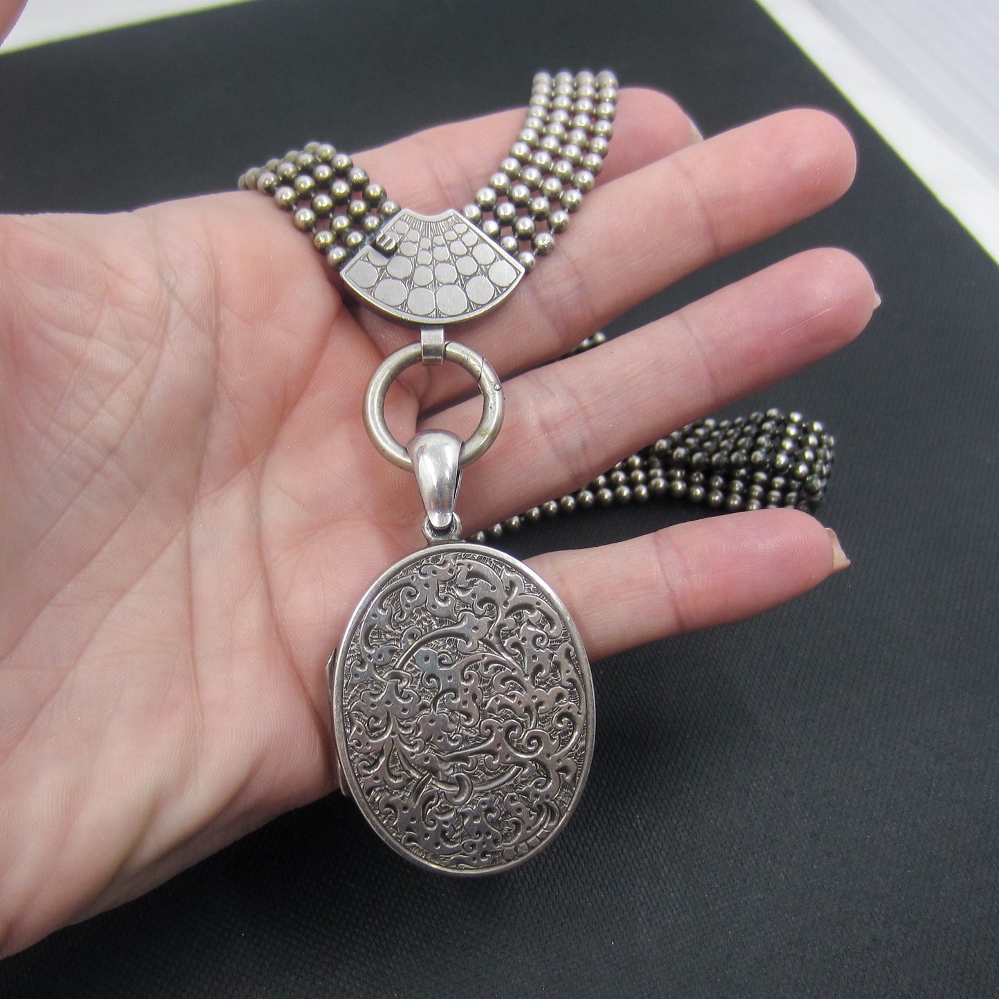 SOLD-Victorian Engraved Locket and Bookchain Sterling c. 1880