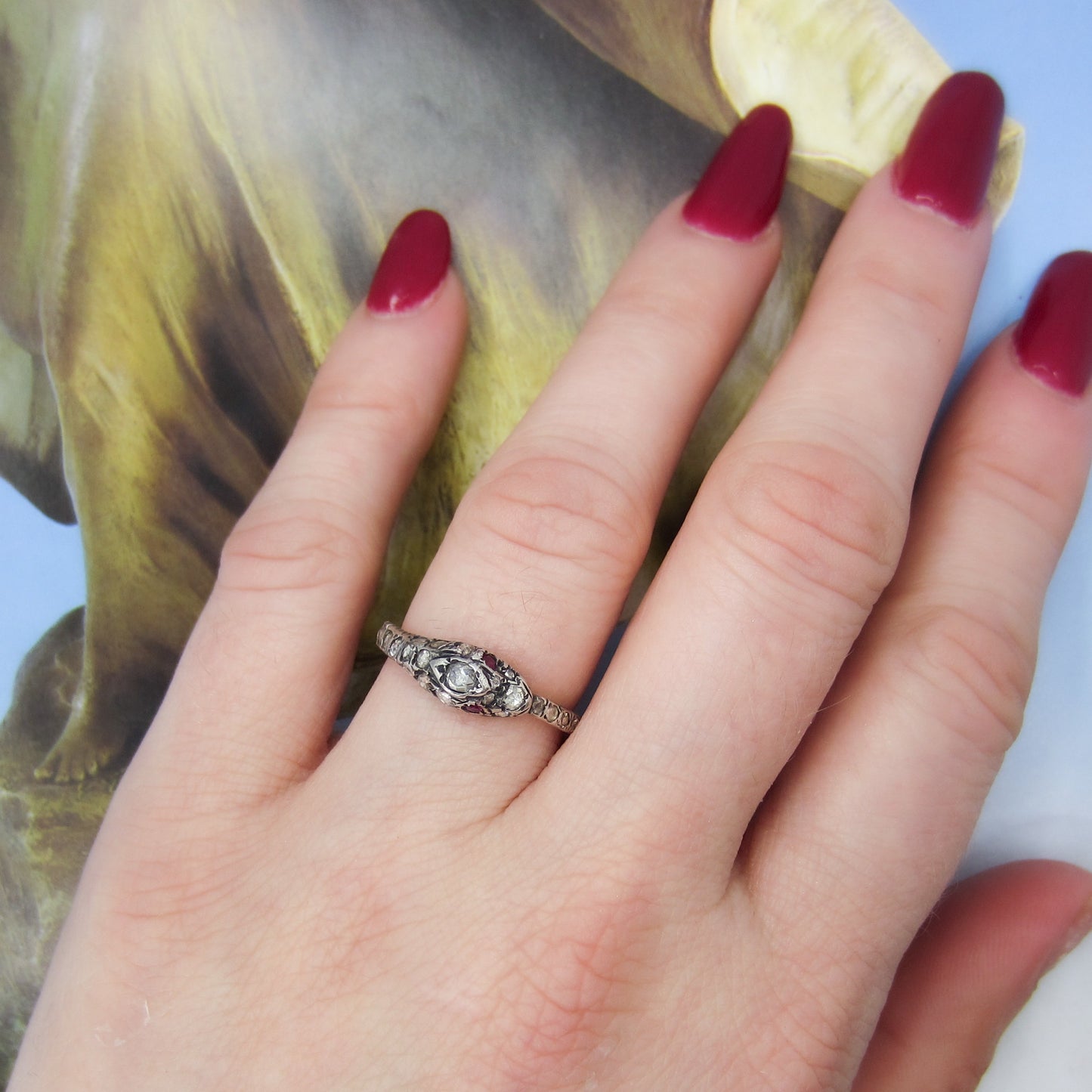 Victorian Rose Cut Diamond and Ruby Snake Ring Silver/14k c. 1890 Size 6.5