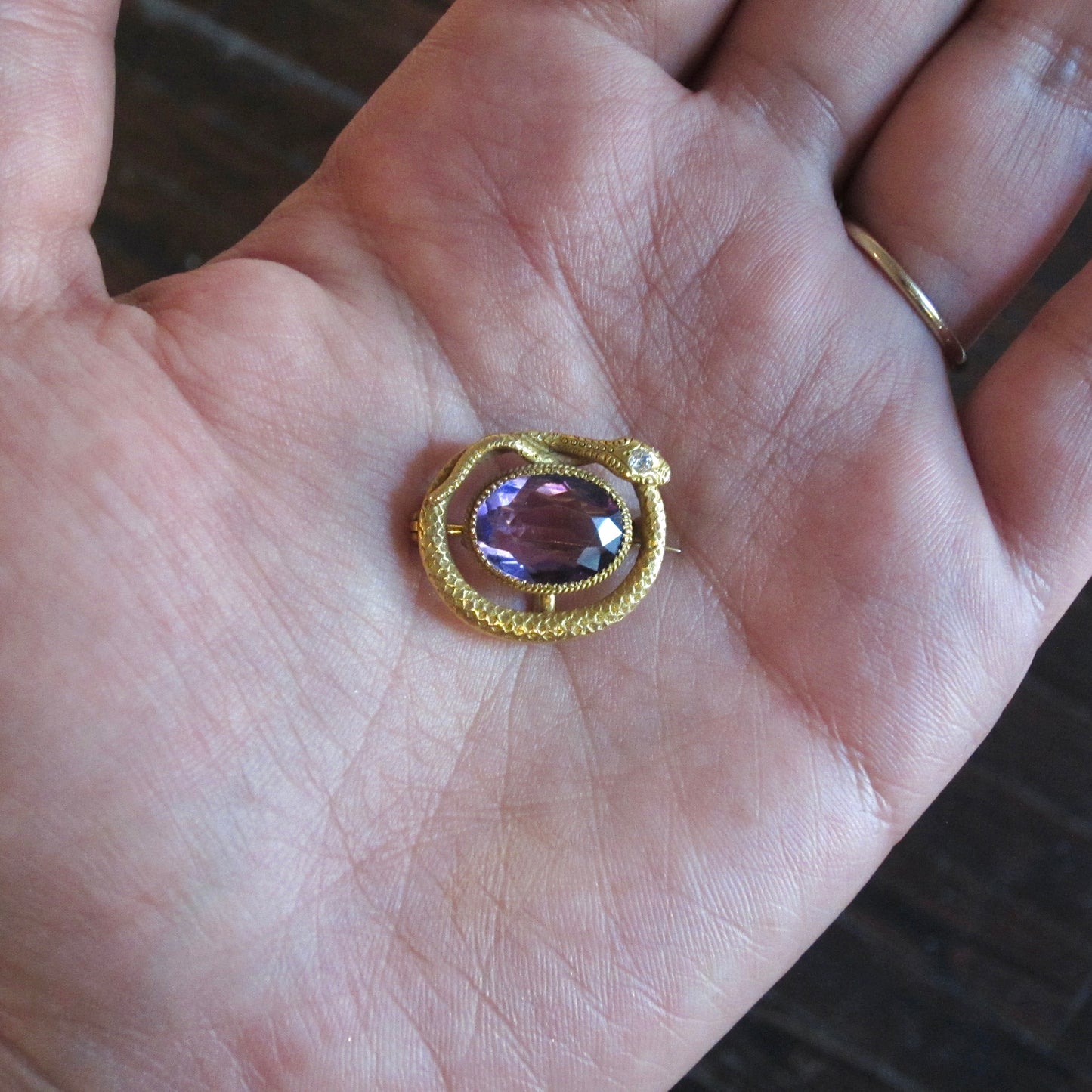 SOLD-Victorian Amethyst and Diamond Snake Brooch 14k c. 1890
