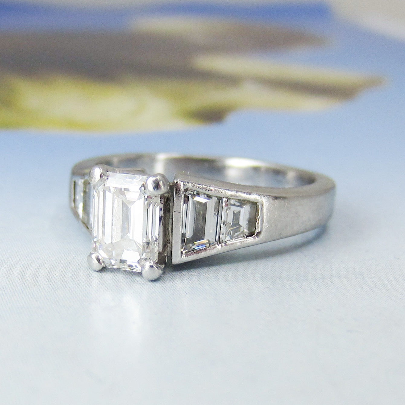 Vintage Emerald Cut .91ct and Trapezoid Diamond Engagement Ring Platinum c. 1990