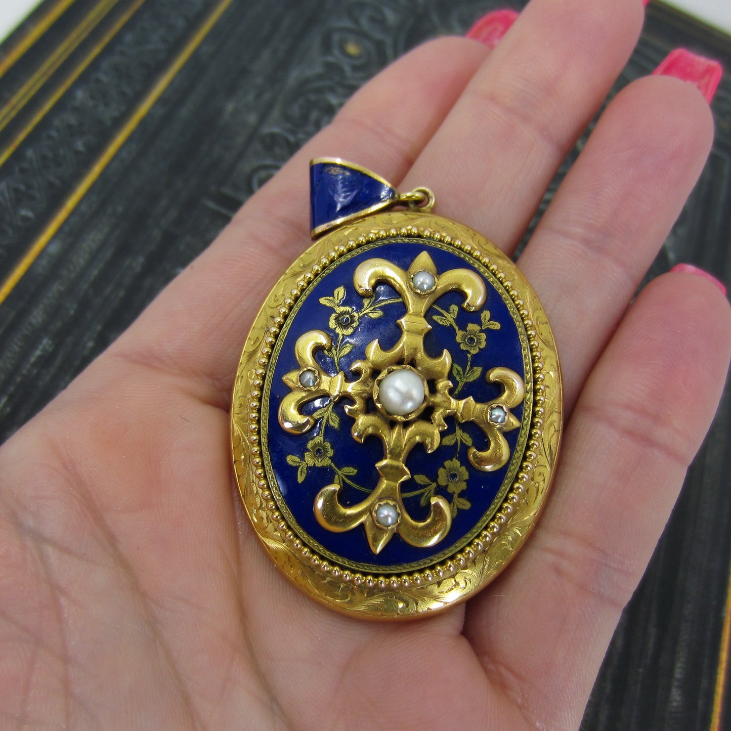 Victorian Enamel and Pearl Locket 14k c. 1890