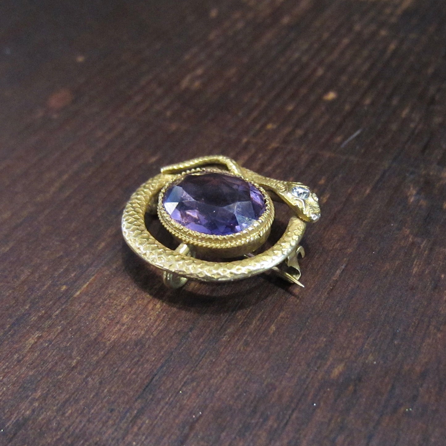 SOLD-Victorian Amethyst and Diamond Snake Brooch 14k c. 1890