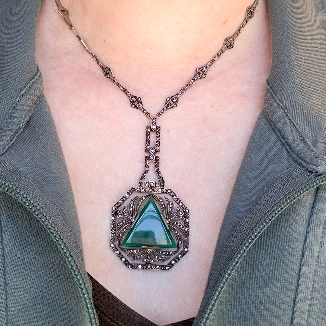 Art Deco Chalcedony and Marcasite Necklace Sterling, Germany c. 1920