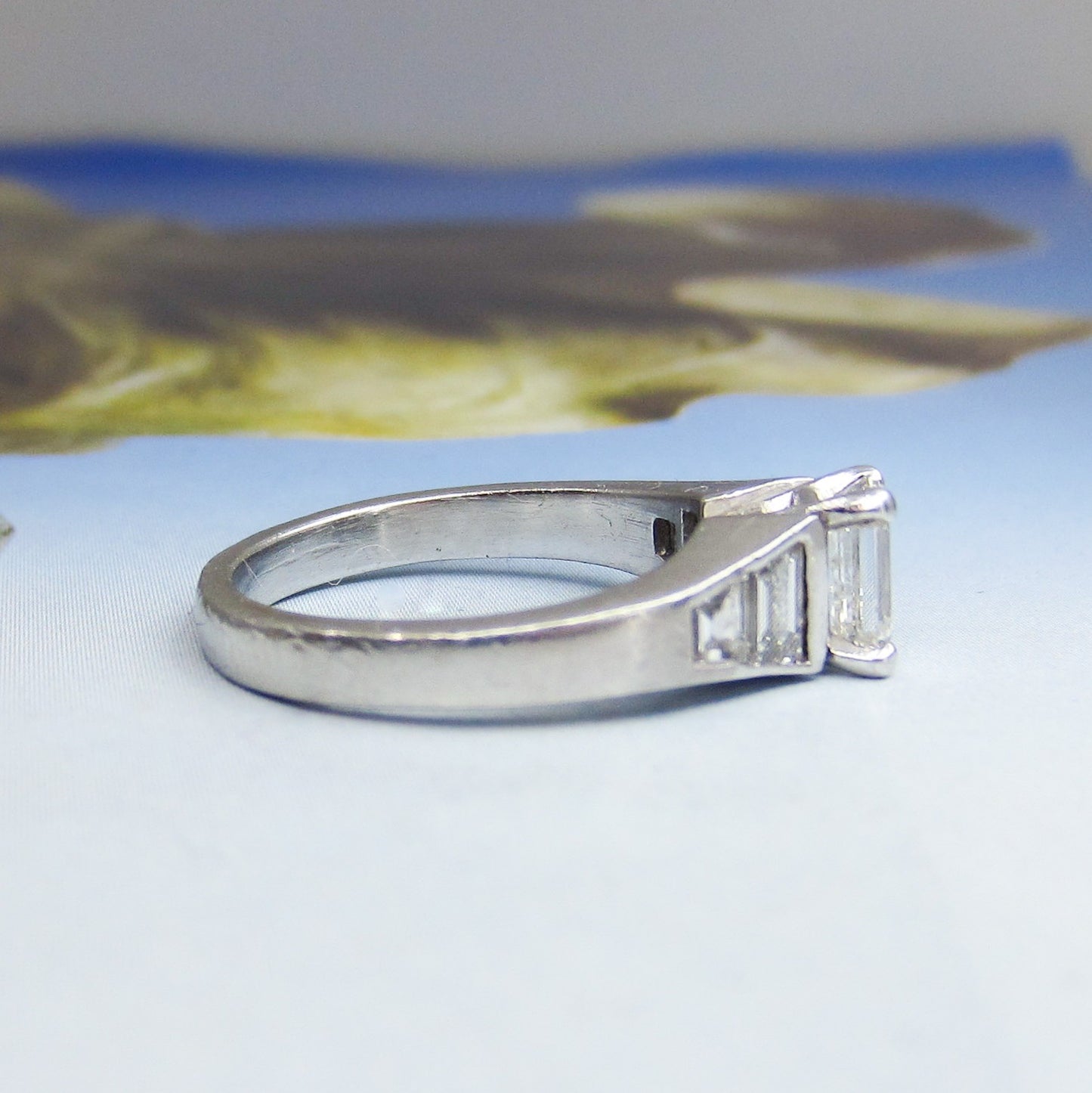 Vintage Emerald Cut .91ct and Trapezoid Diamond Engagement Ring Platinum c. 1990