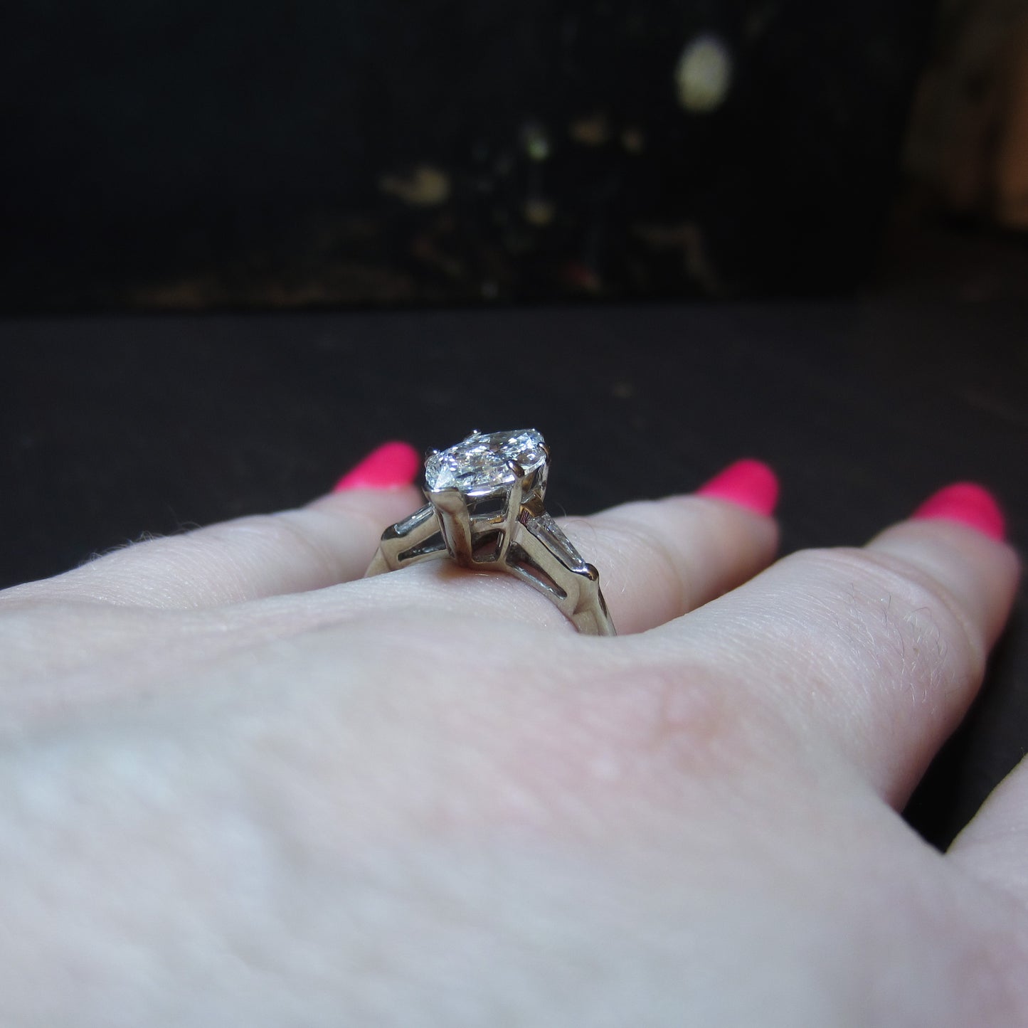 Mid-Century Old Cut Marquise 1.62ct Diamond Engagement Ring 14k c. 1950
