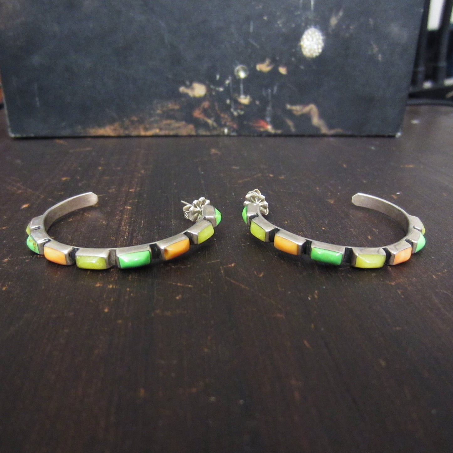 Vintage Native American Multi-Stone Hoop Earrings Sterling