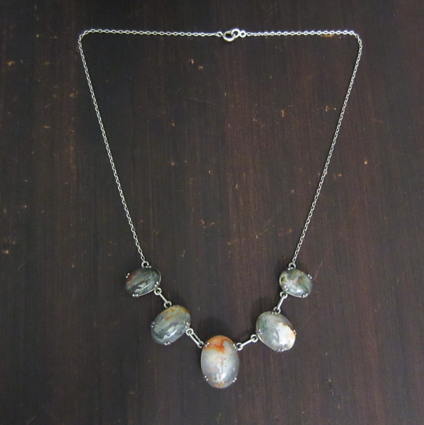 Art Deco Moss Agate Necklace Sterling Silver c. 1920