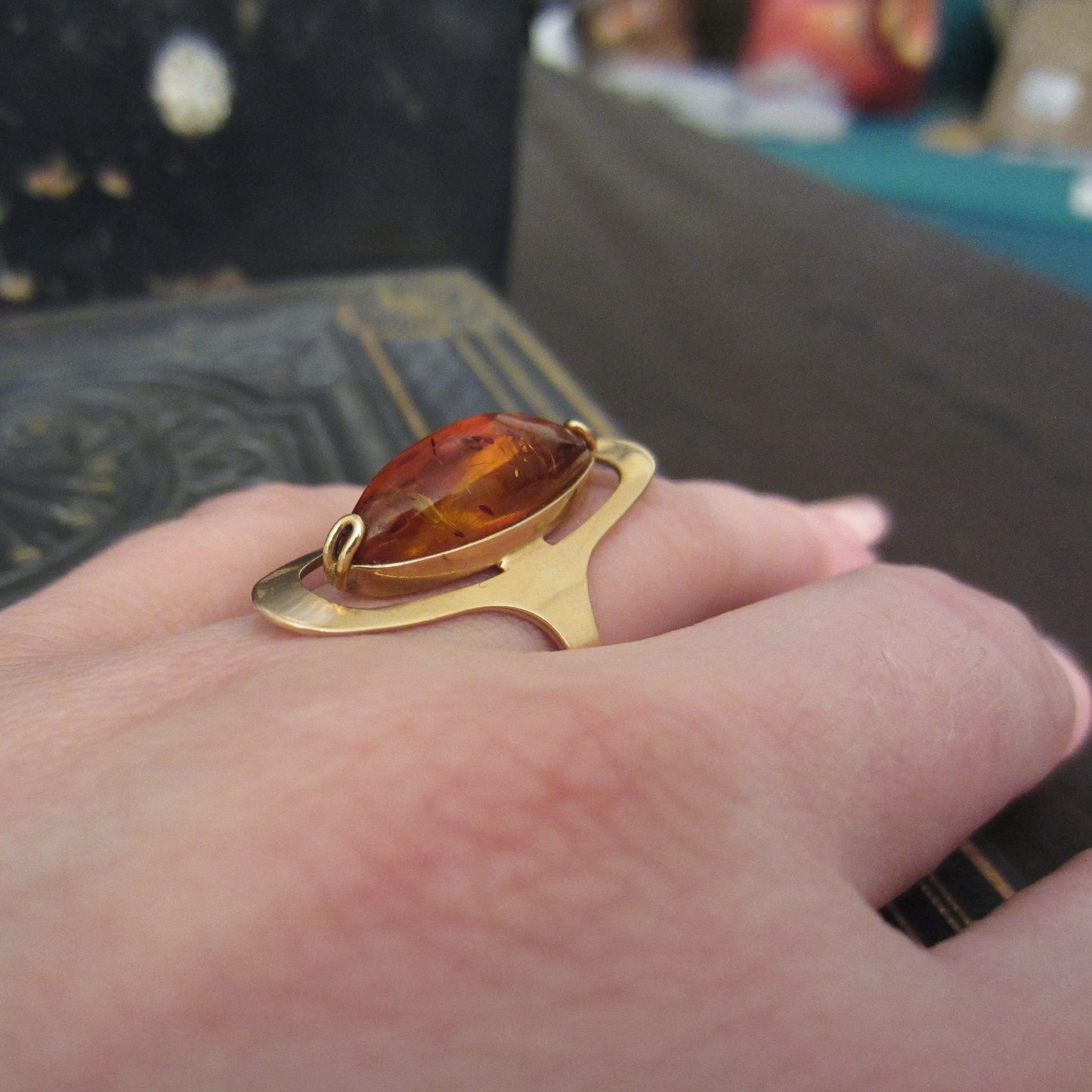Vintage Soviet Era Russian Amber Ring 14k c. 1970