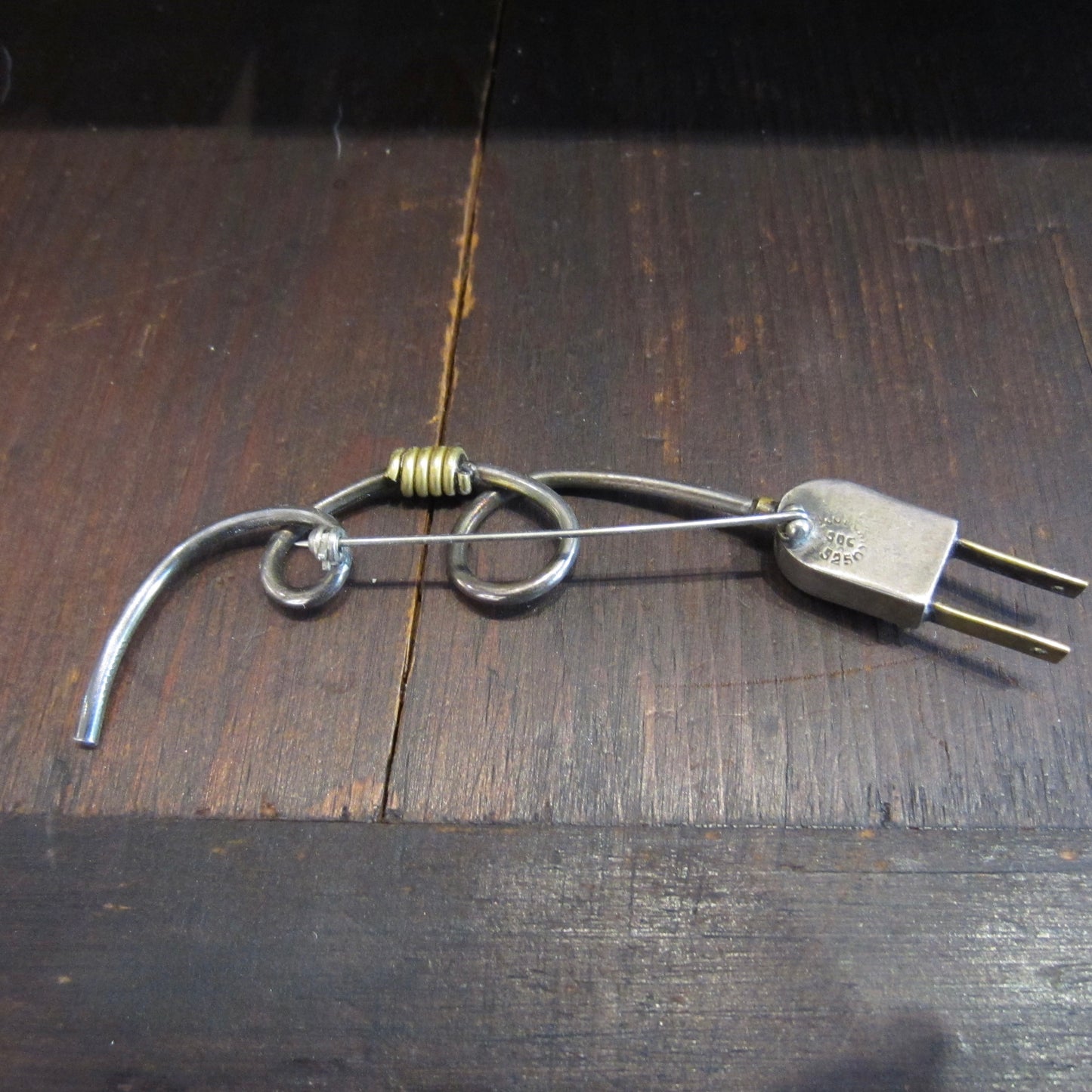 SOLD--Post Modern Mexican Onyx Plug Brooch Sterling and Brass c. 1980