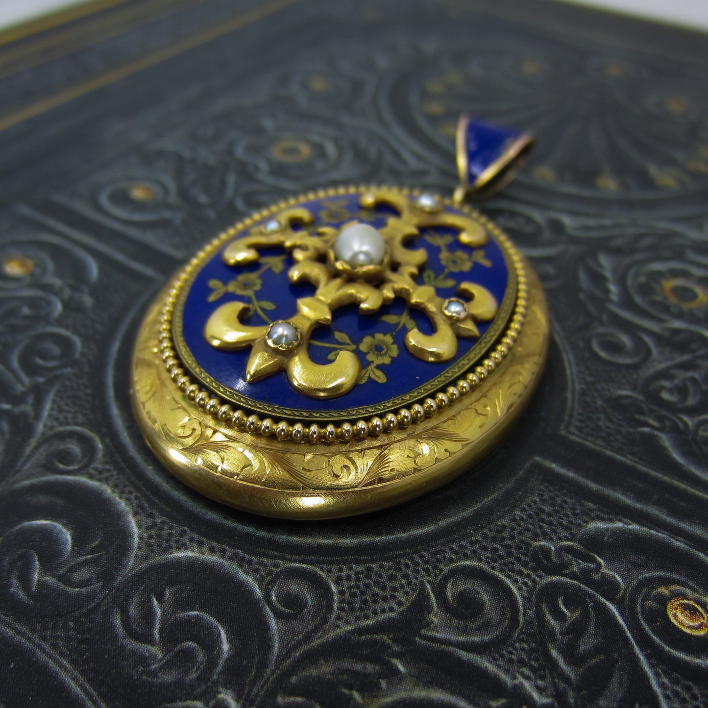 Victorian Enamel and Pearl Locket 14k c. 1890