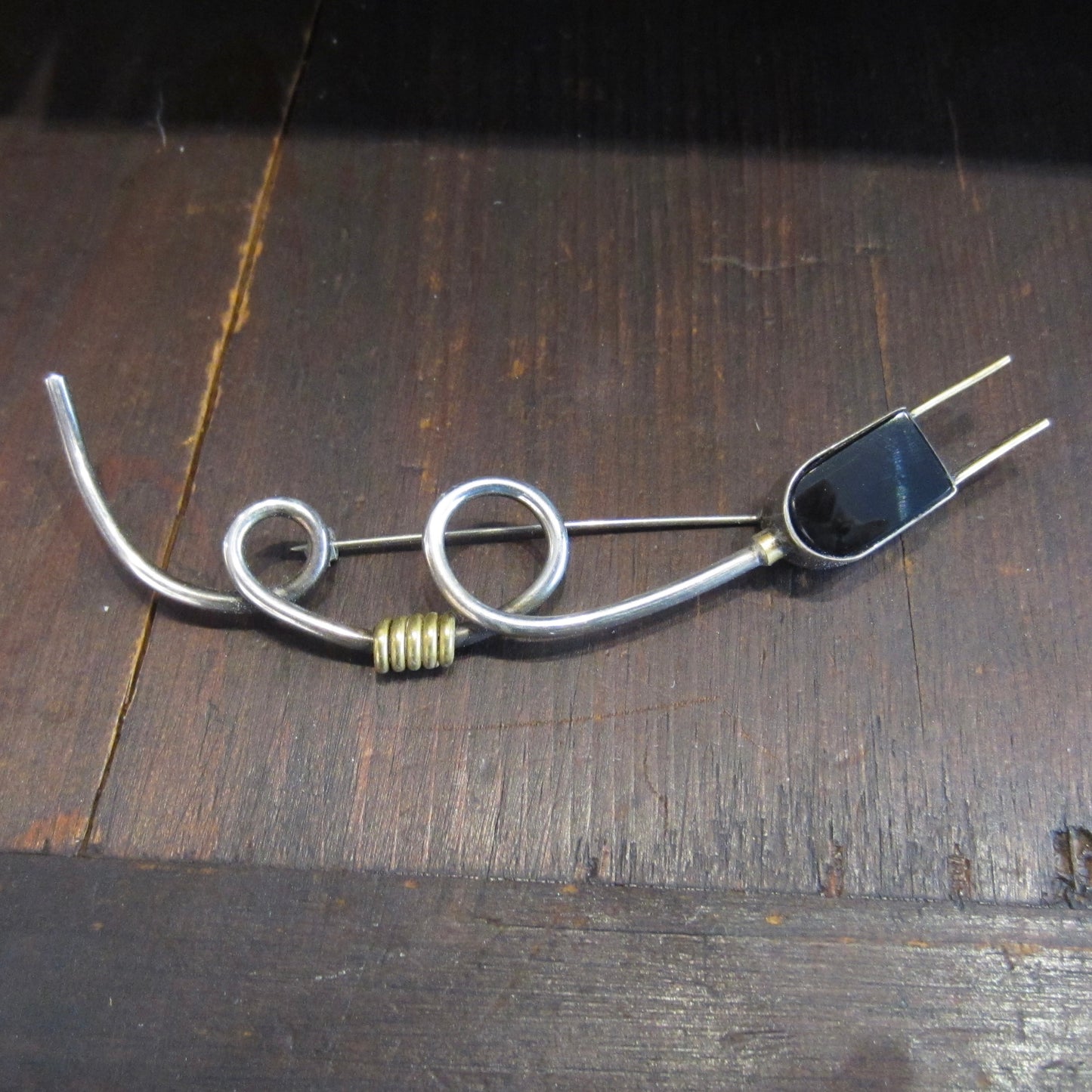 SOLD--Post Modern Mexican Onyx Plug Brooch Sterling and Brass c. 1980