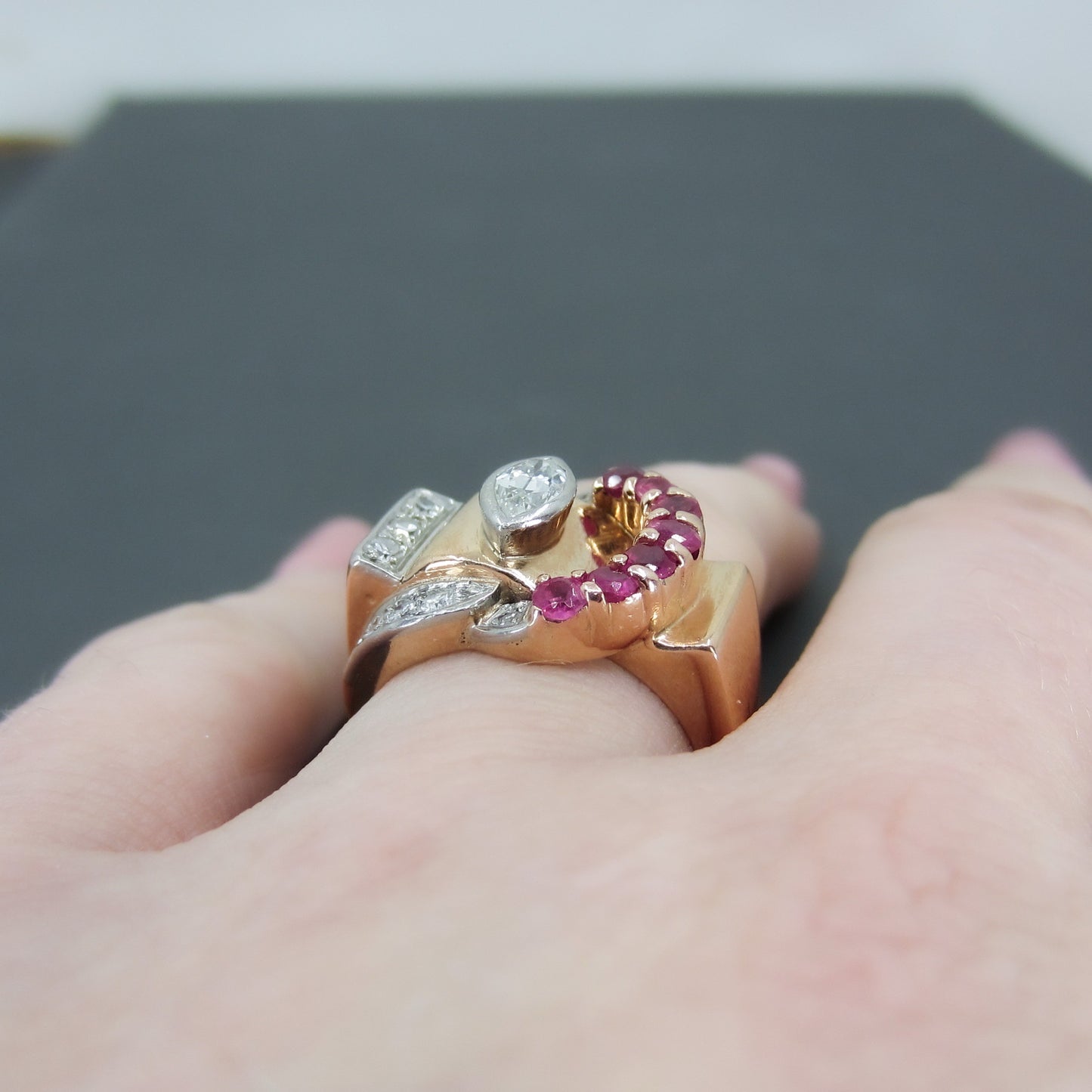 Fabulous Retro Diamond and Ruby Buckle Ring 14k c. 1940