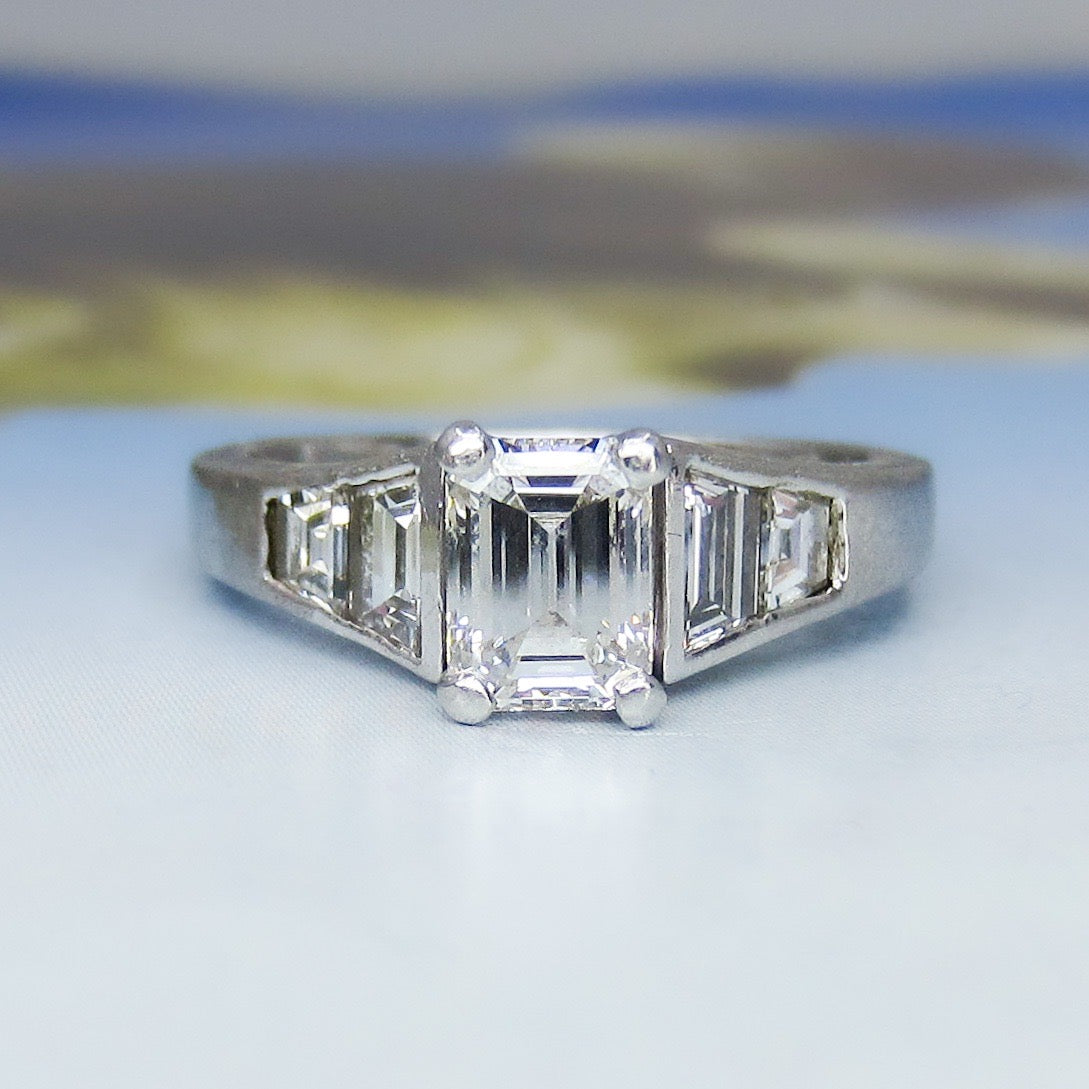 Vintage Emerald Cut .91ct and Trapezoid Diamond Engagement Ring Platinum c. 1990
