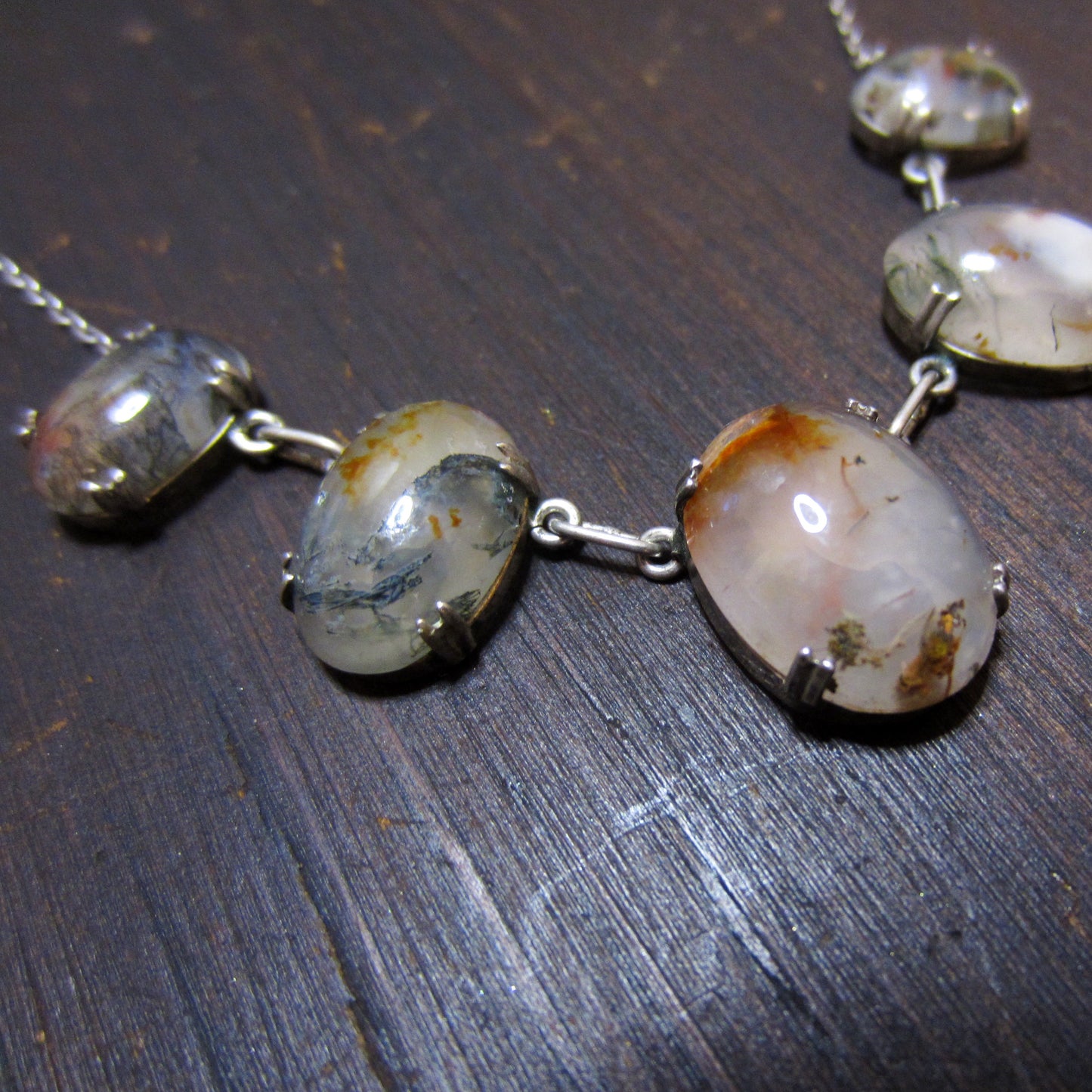 Art Deco Moss Agate Necklace Sterling Silver c. 1920