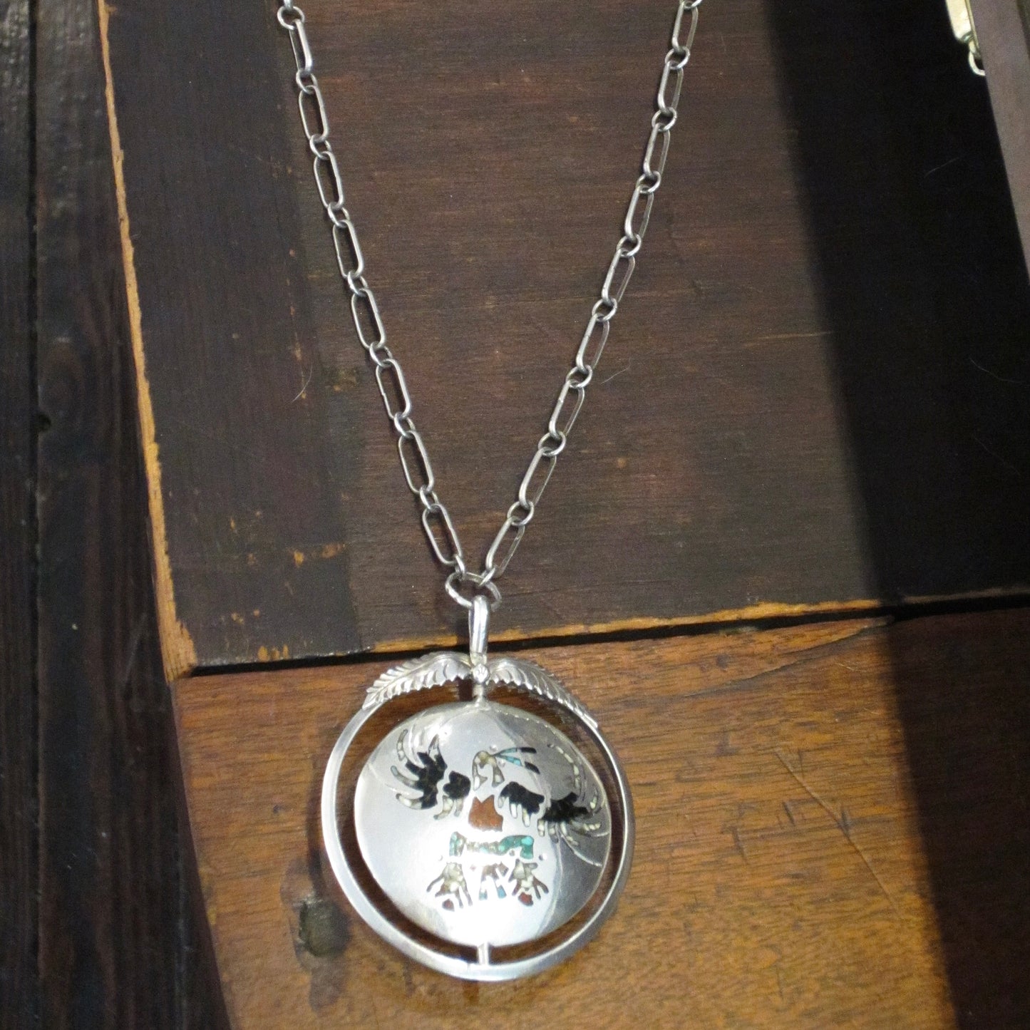 Vintage Zuni Spinner Pendant Necklace Sterling Silver c. 1970