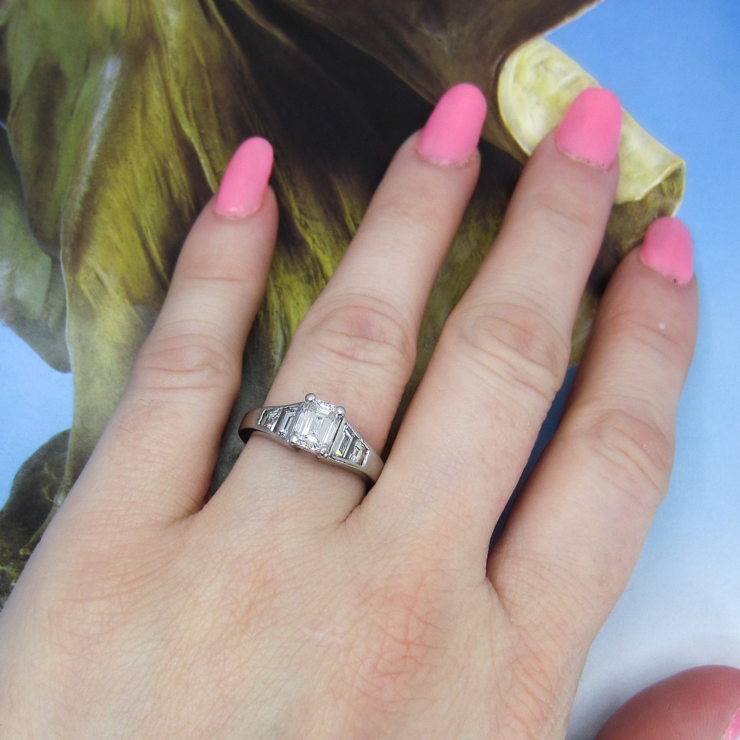 Vintage Emerald Cut .91ct and Trapezoid Diamond Engagement Ring Platinum c. 1990