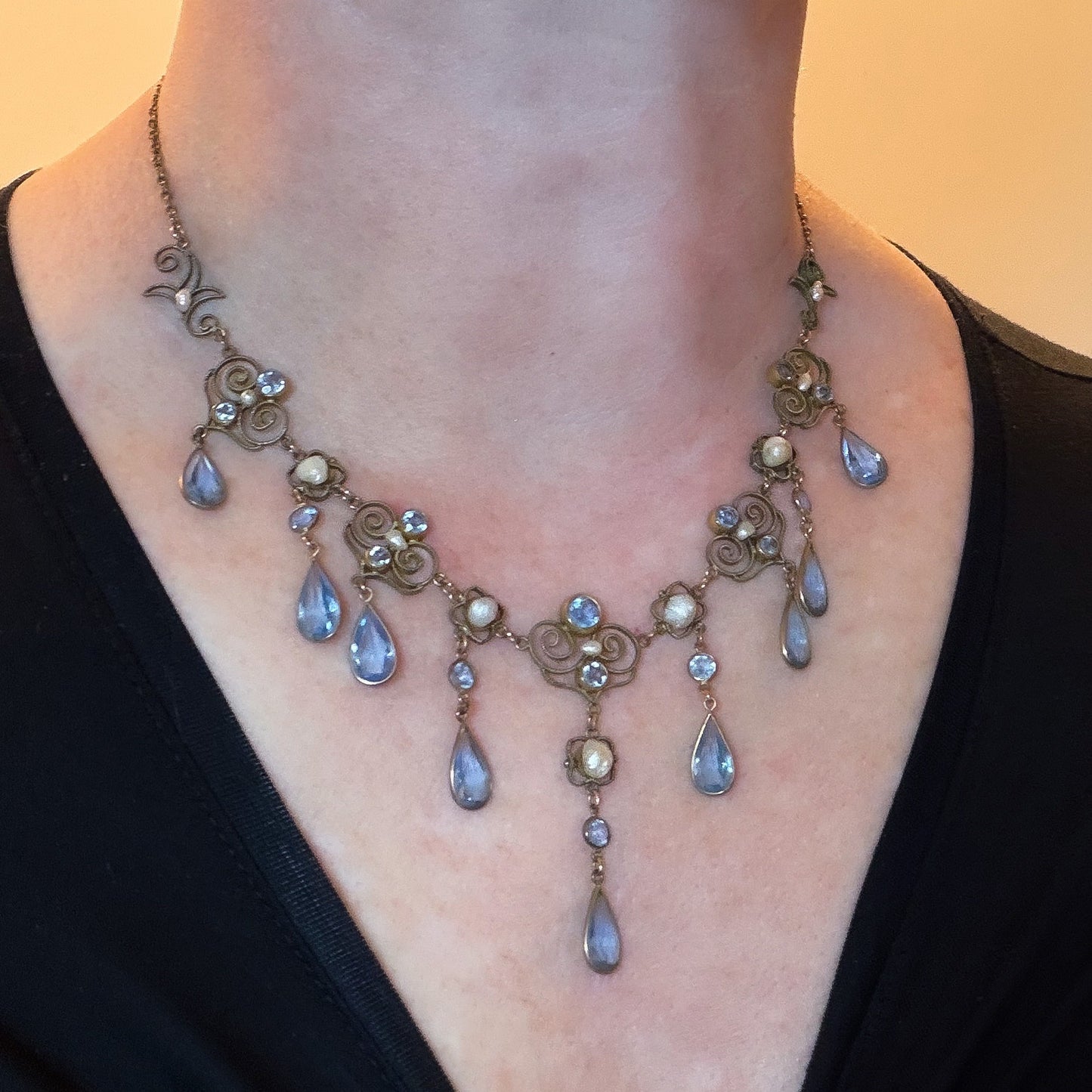 Victorian Pearl and Blue Glass Drop Necklace Gold-filled c. 1890