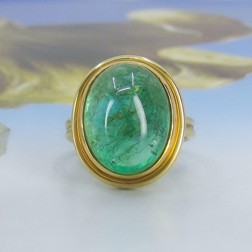 SOLD-Fabulous Bezel Set 17ct Emerald Cabochon Ring 18k
