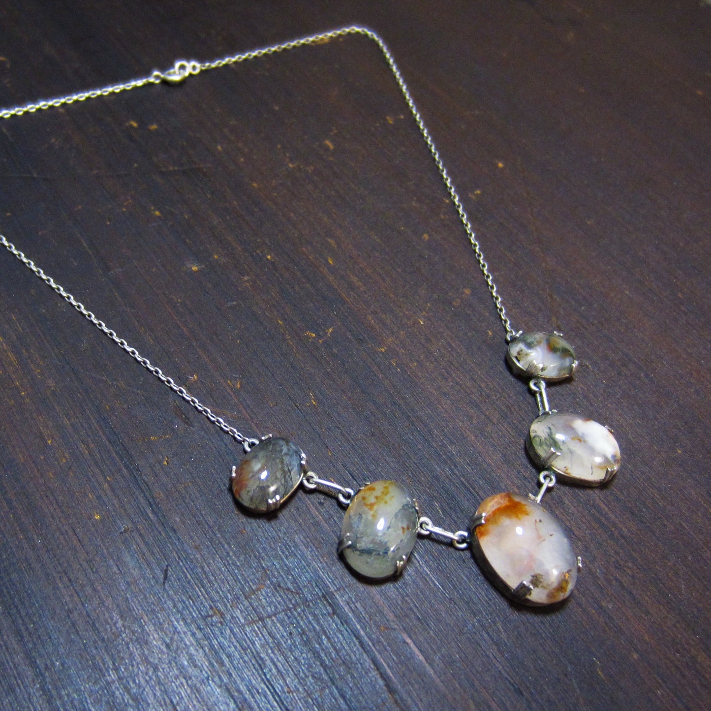 Art Deco Moss Agate Necklace Sterling Silver c. 1920