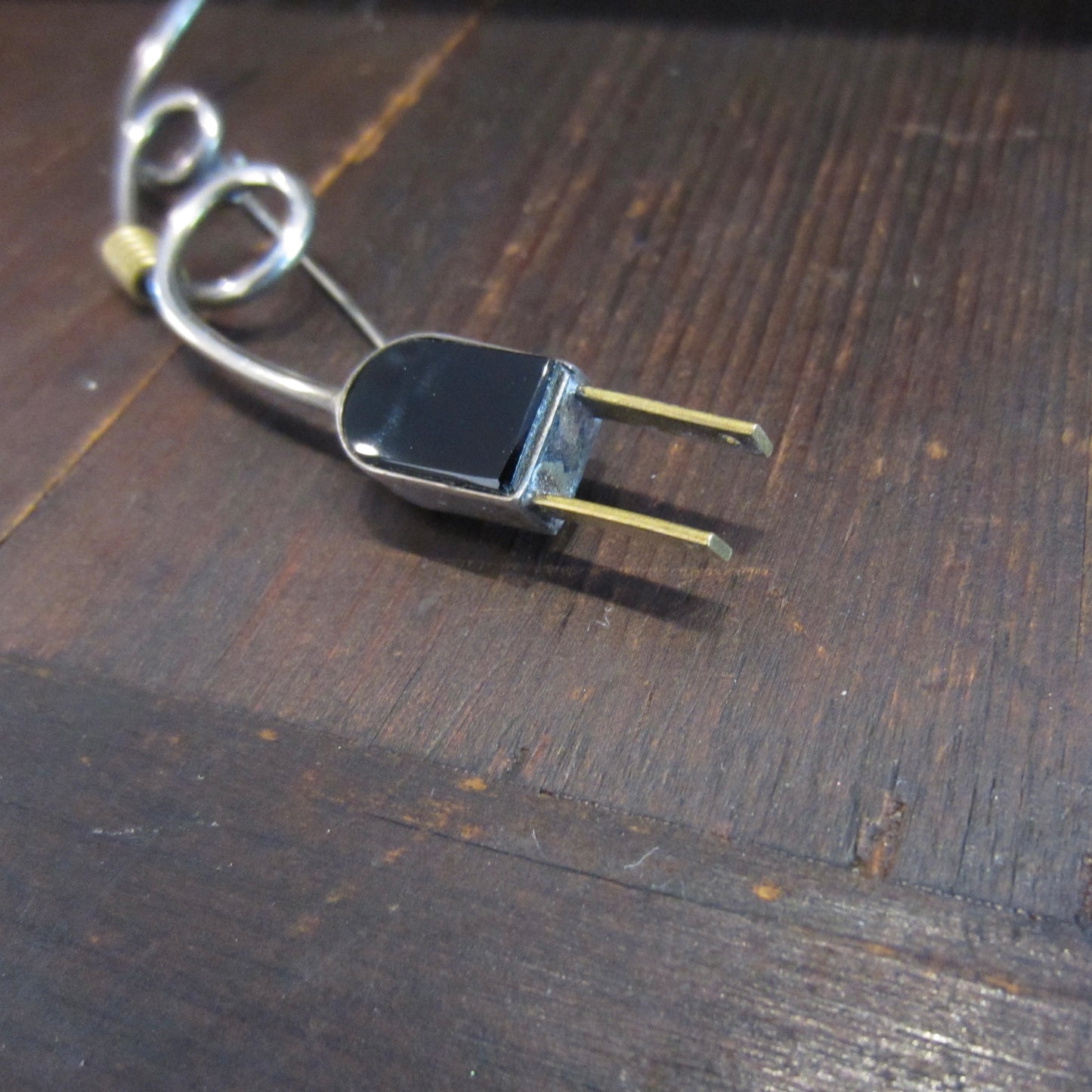 SOLD--Post Modern Mexican Onyx Plug Brooch Sterling and Brass c. 1980