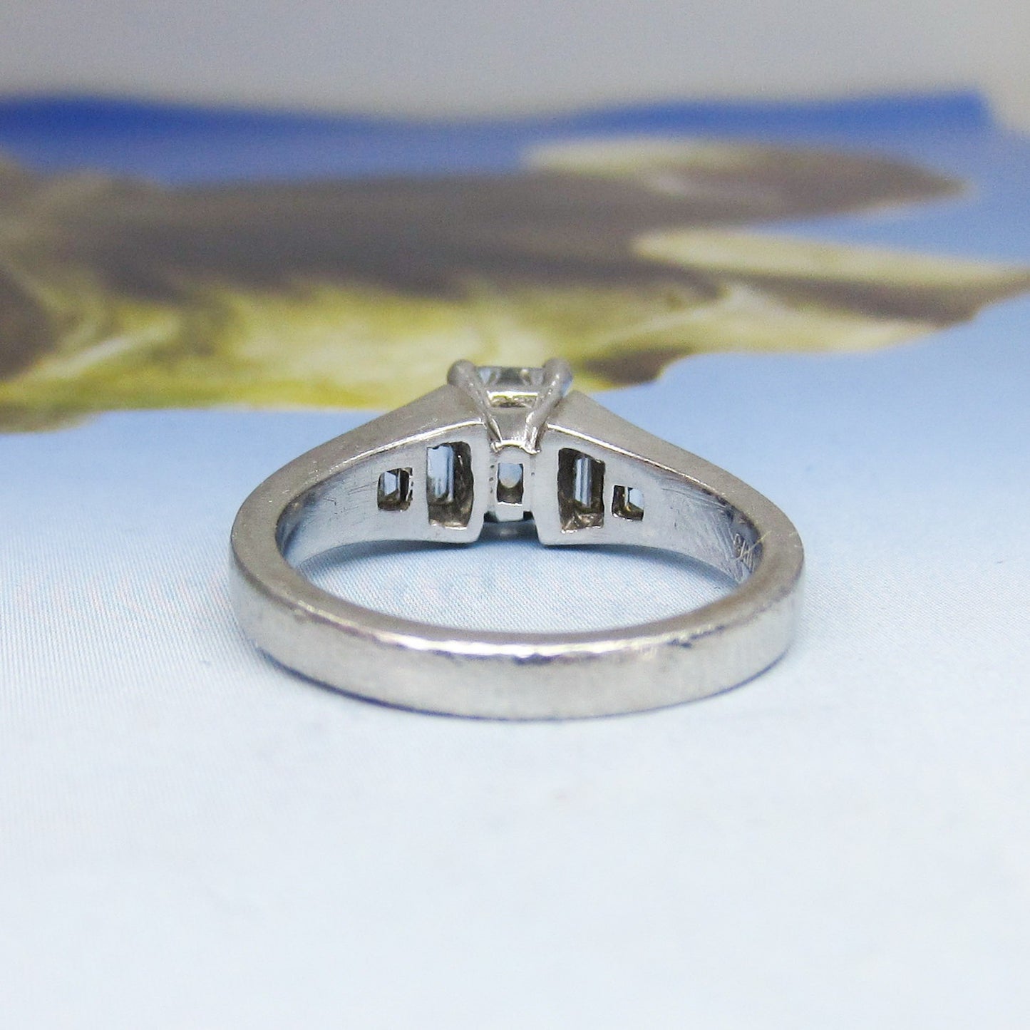 Vintage Emerald Cut .91ct and Trapezoid Diamond Engagement Ring Platinum c. 1990