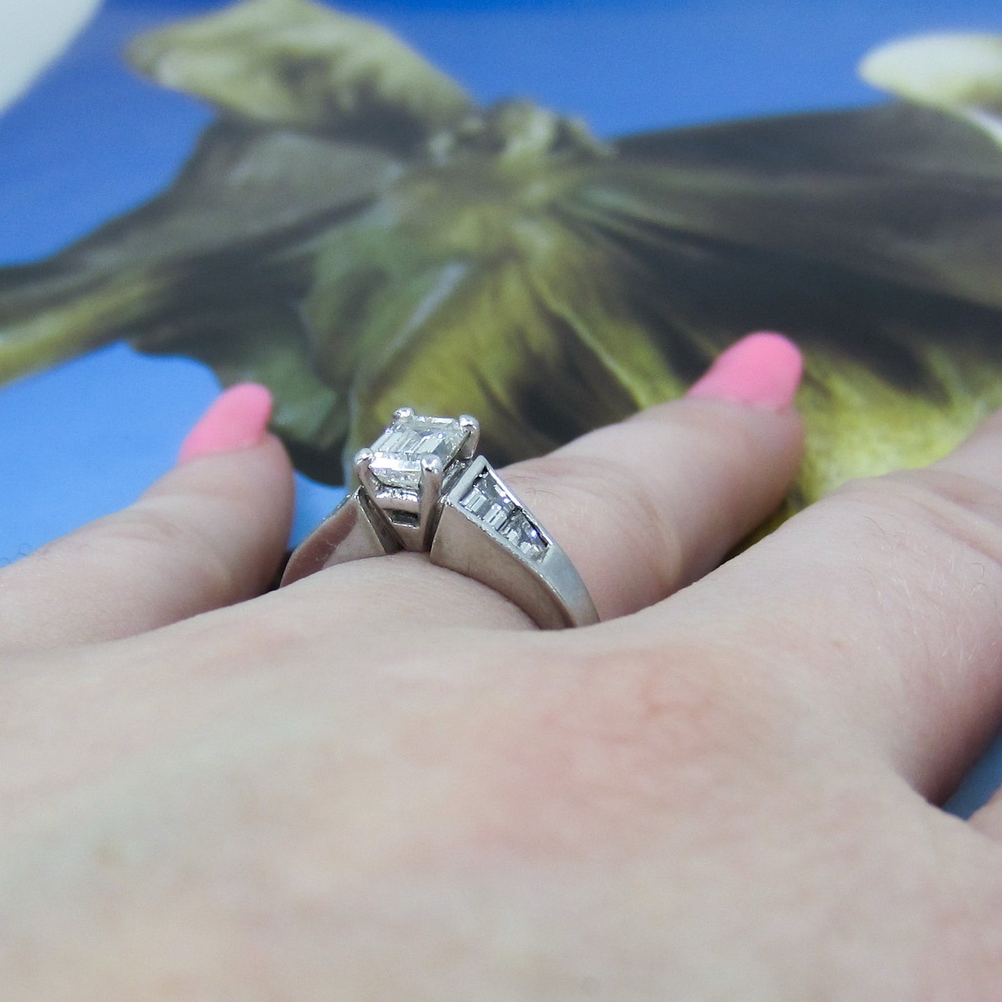 Vintage Emerald Cut .91ct and Trapezoid Diamond Engagement Ring Platinum c. 1990