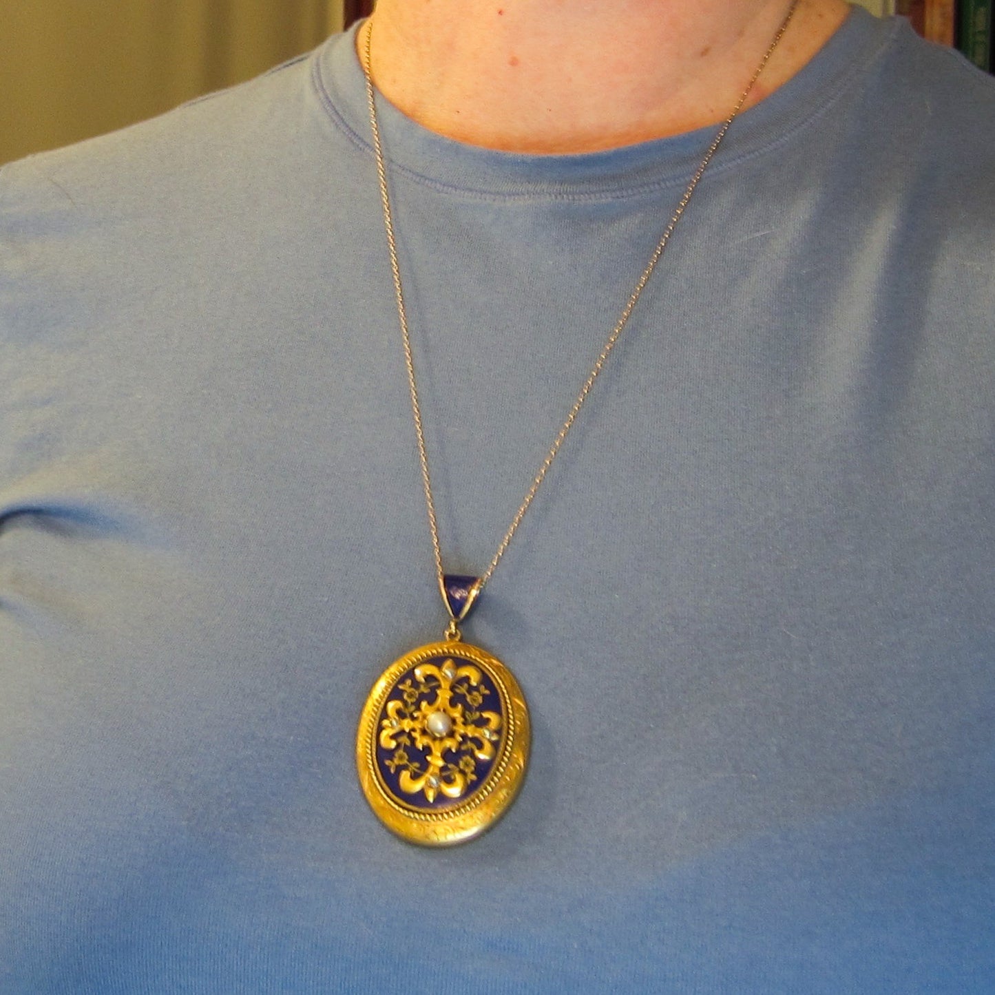 Victorian Enamel and Pearl Locket 14k c. 1890