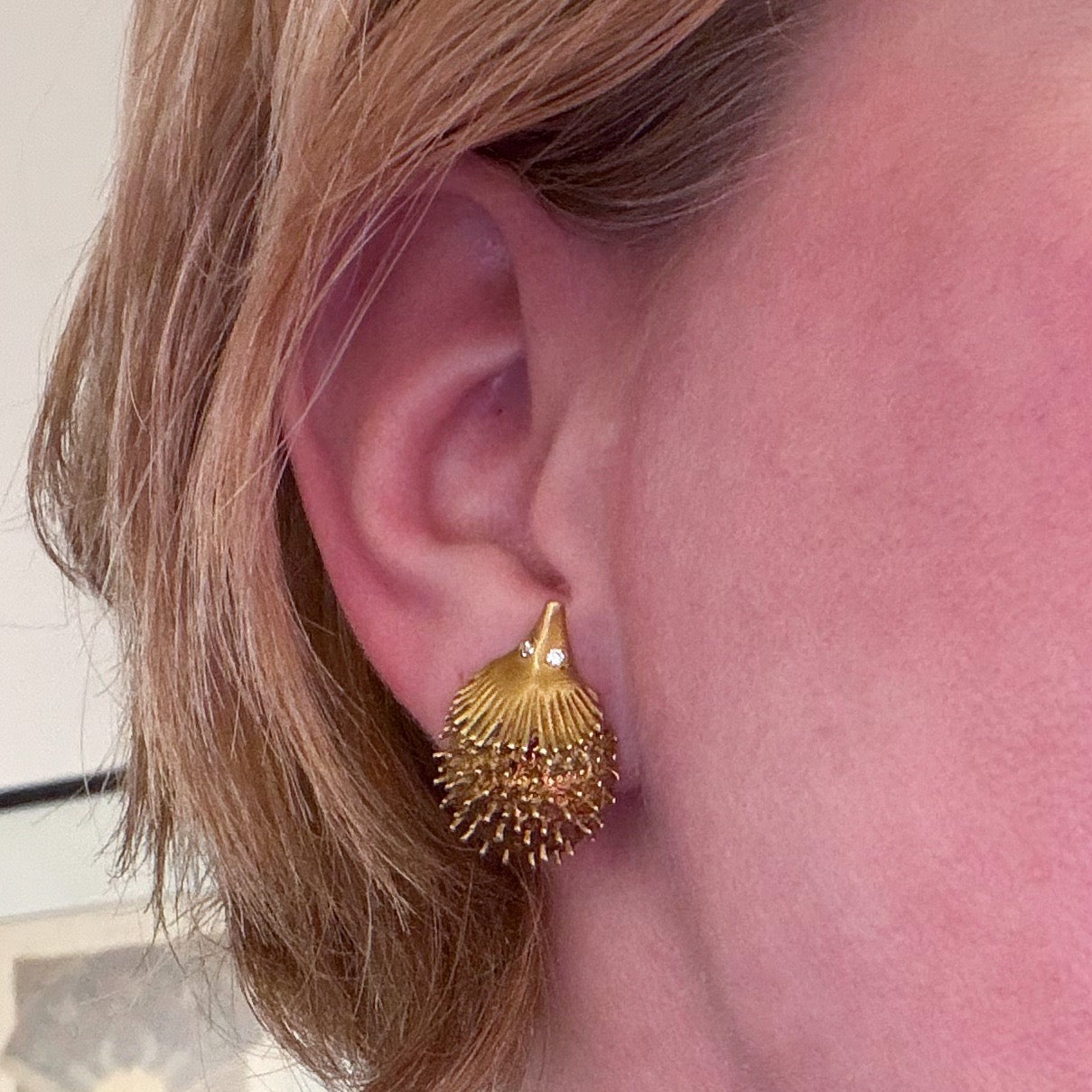 SOLD-Mid Century Peter Lindeman Diamond Hedgehog Earrings 18K c. 1960