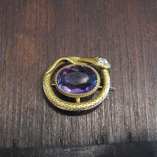 SOLD-Victorian Amethyst  and Diamond Snake Brooch 14k c. 1890