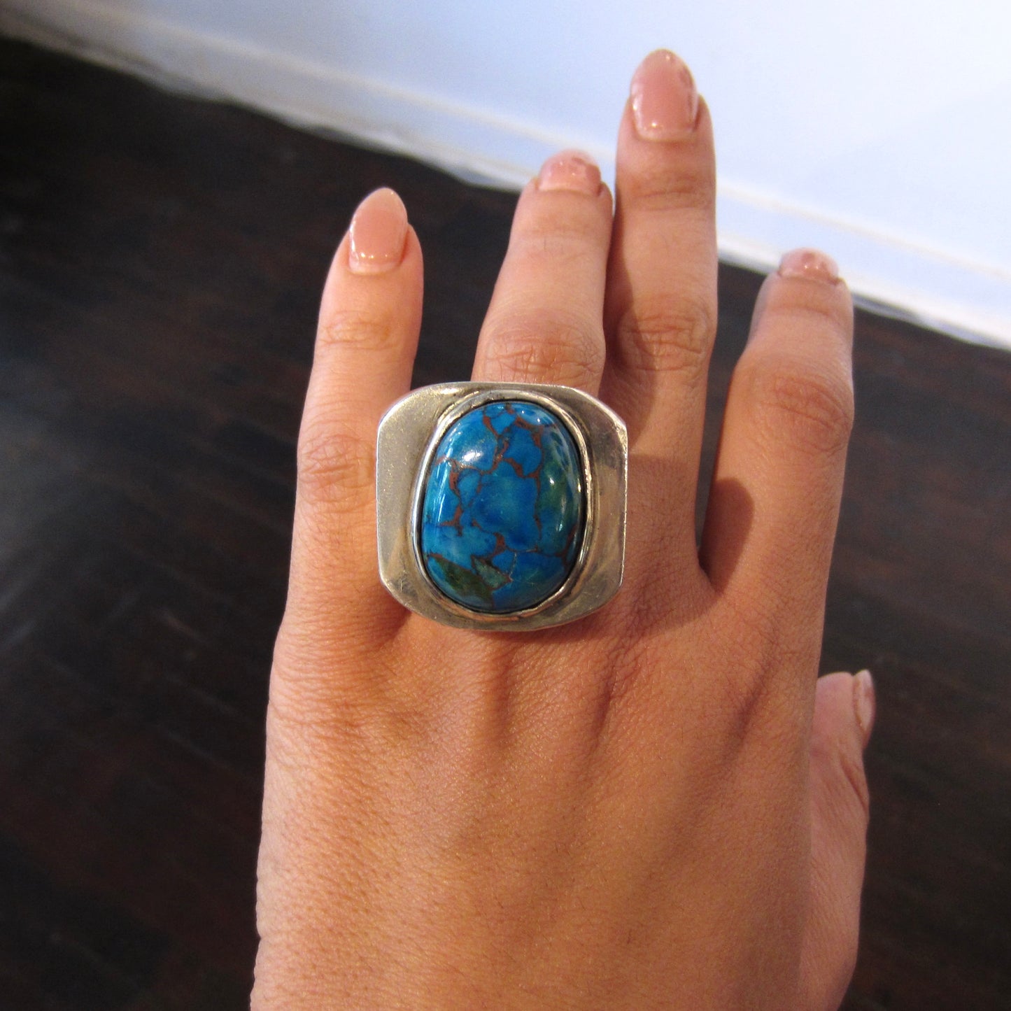 HOLD-HUGE Turquoise Ring Sterling Silver c. 1970