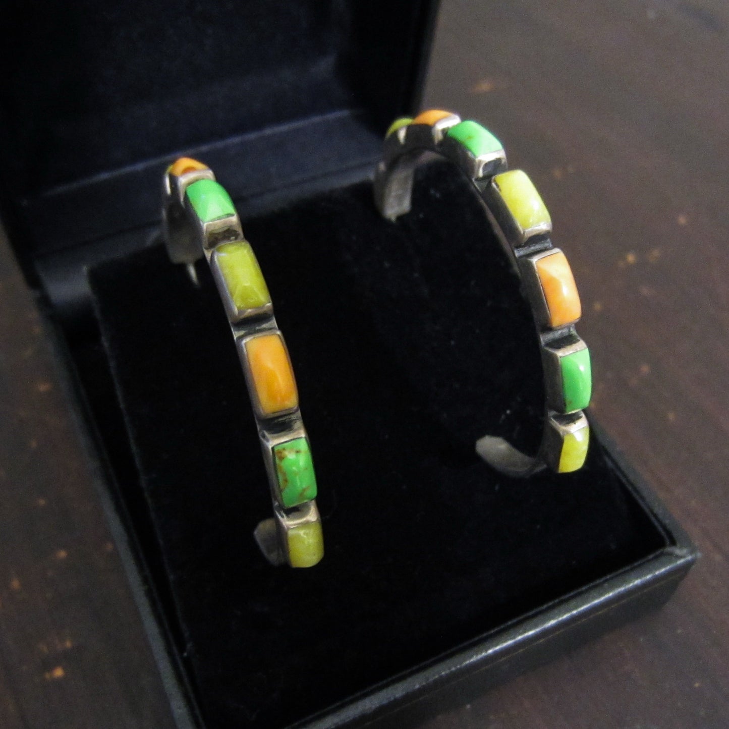 Vintage Native American Multi-Stone Hoop Earrings Sterling