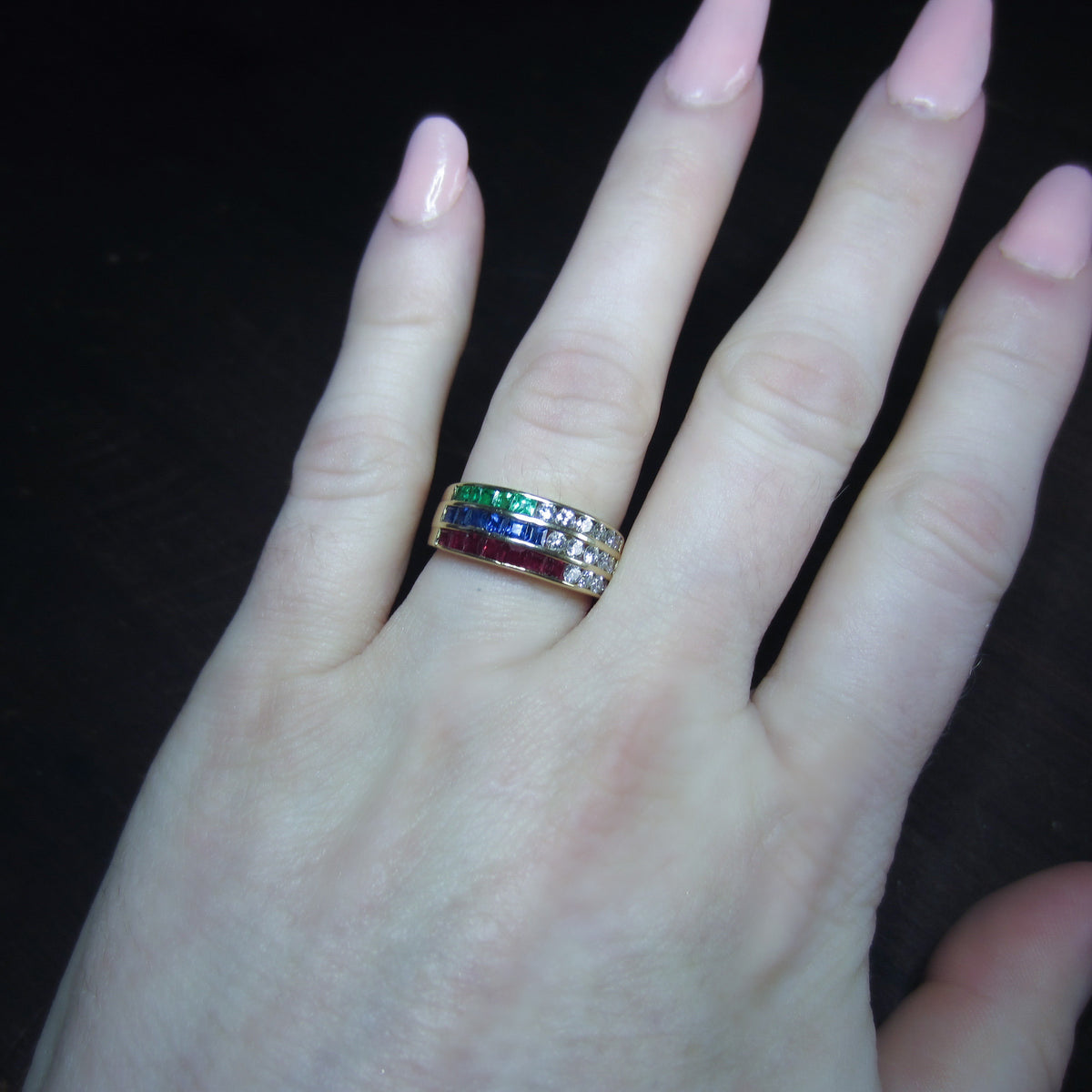 Vintage Ruby, Emerald, Sapphire and Diamond Band 18k c. 1980