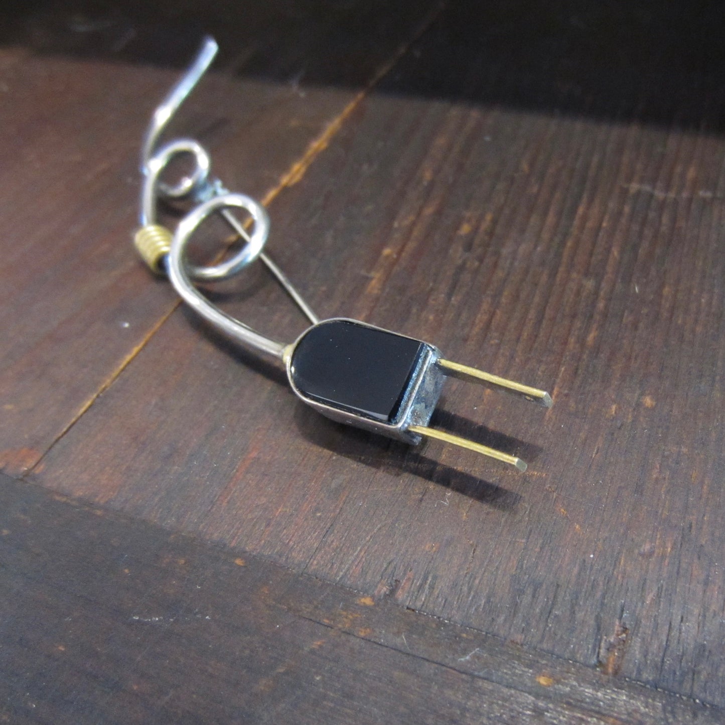 SOLD--Post Modern Mexican Onyx Plug Brooch Sterling and Brass c. 1980