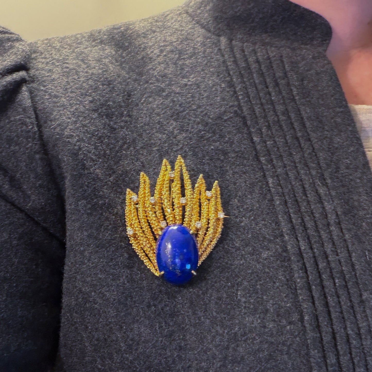 Mid-Century Lapis and Diamond Brooch 14k, KARBRA c. 1966