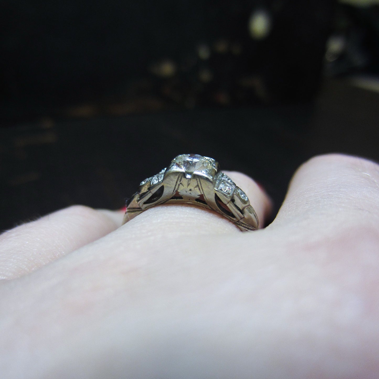 Art Deco Old European .41ct Diamond Ring 18k c. 1920