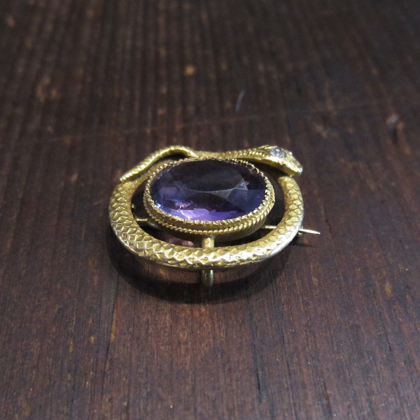 SOLD-Victorian Amethyst and Diamond Snake Brooch 14k c. 1890
