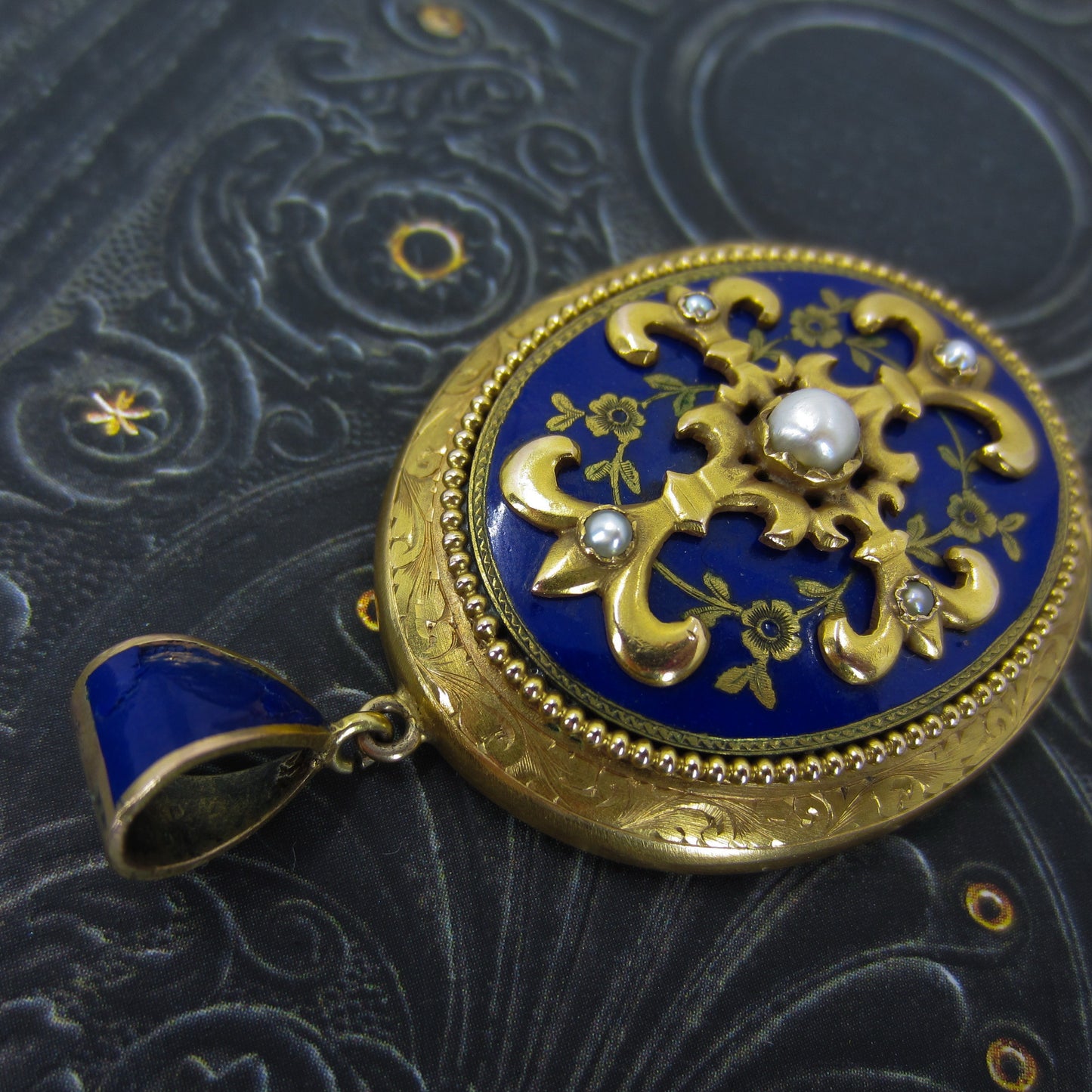 Victorian Enamel and Pearl Locket 14k c. 1890