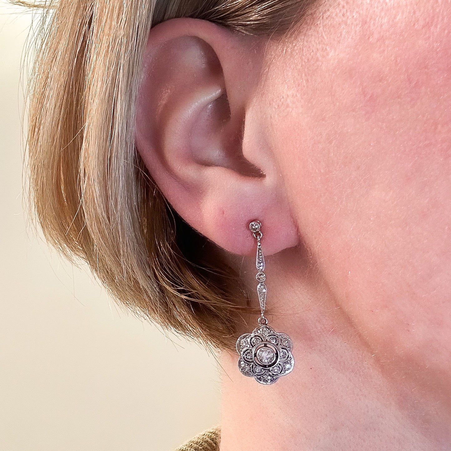 Art Deco Diamond Drop Earrings Platinum/18k c. 1920