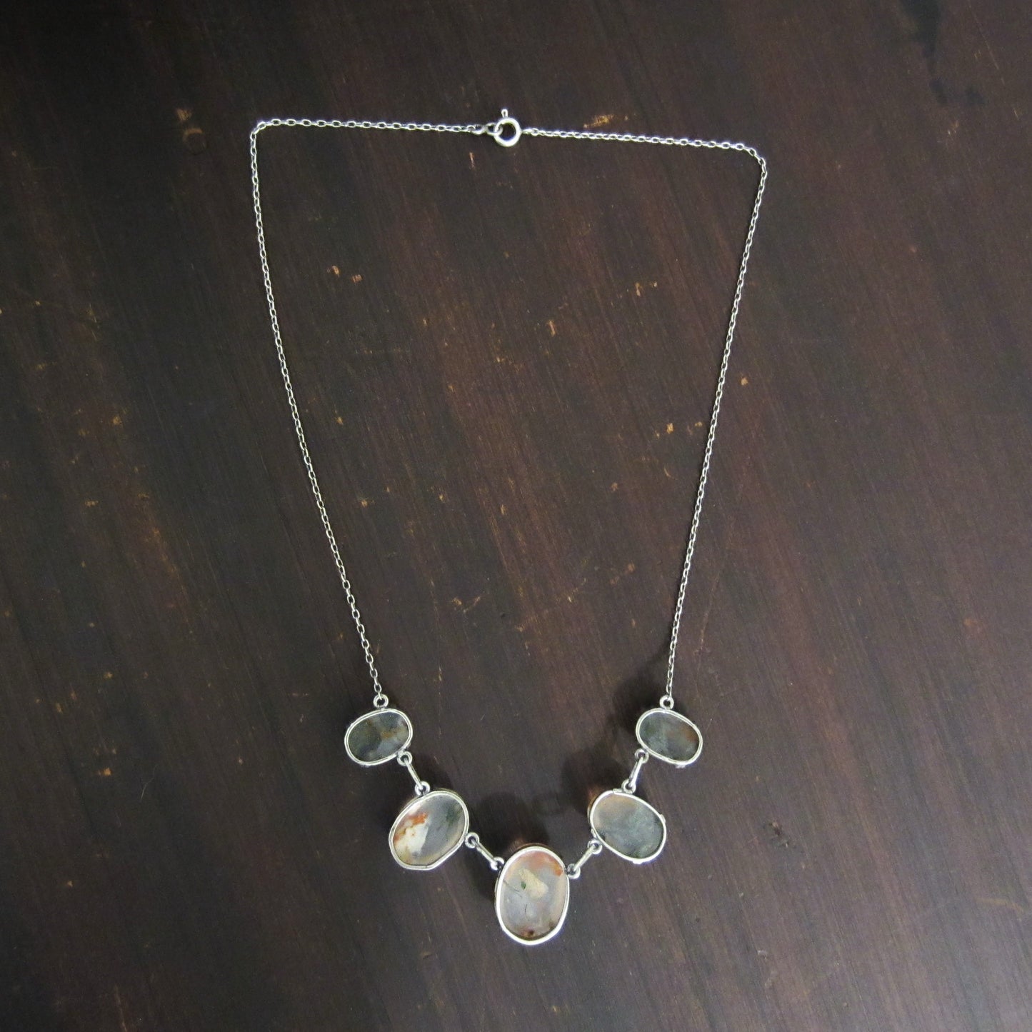 Art Deco Moss Agate Necklace Sterling Silver c. 1920