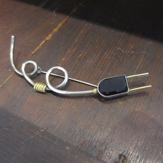 SOLD--Post Modern Mexican Onyx Plug Brooch Sterling and Brass c. 1980