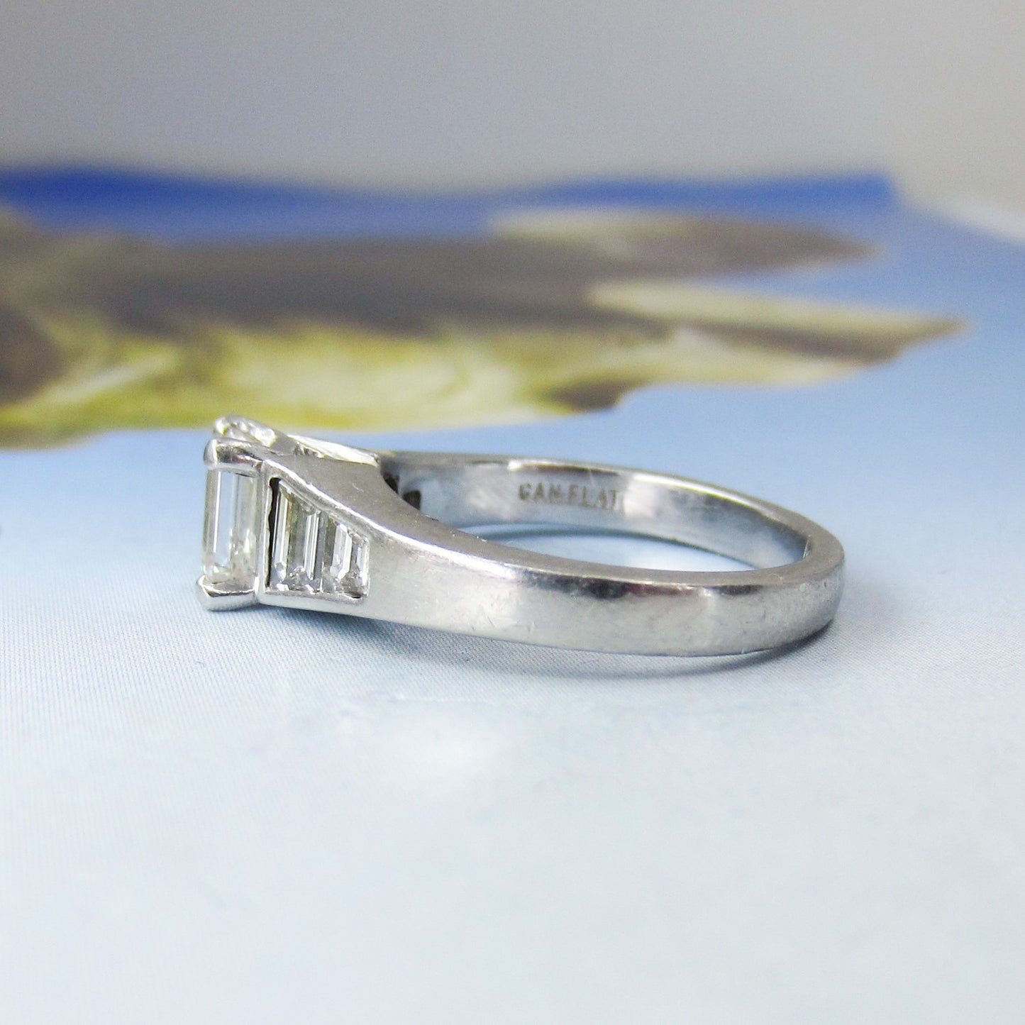 Vintage Emerald Cut .91ct and Trapezoid Diamond Engagement Ring Platinum c. 1990