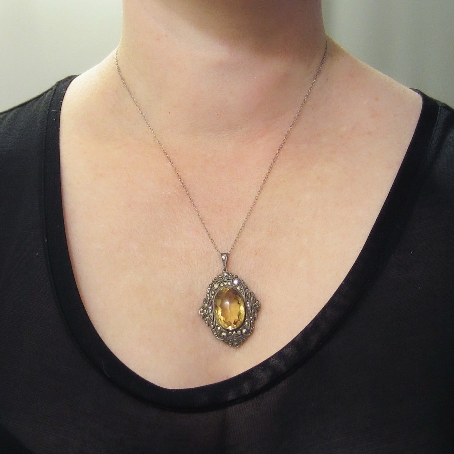 Art Deco Citrine and Marcasite Pendant Sterling, Germany c. 1920